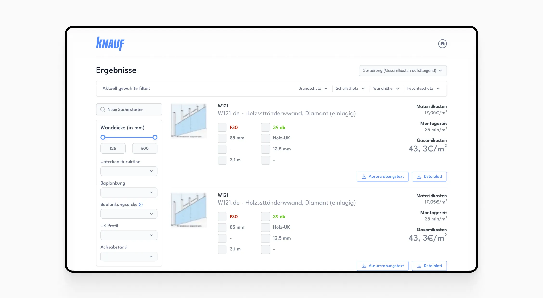 Knauf web interface displaying product search results with filters for wall thickness, substructure, and panel type, alongside detailed material cost and installation time.