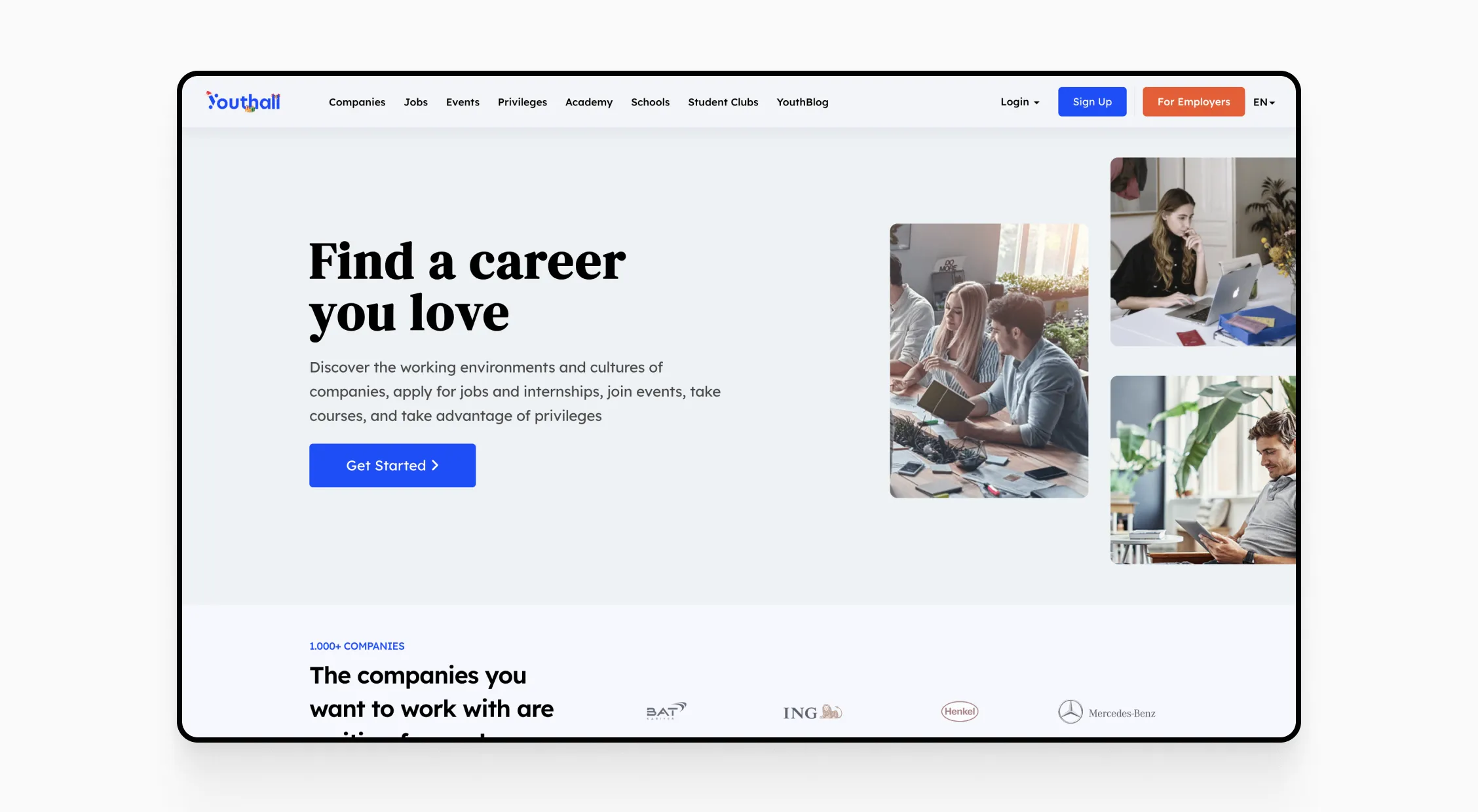 Youthall's landing page displaying the 'Find a career you love' headline, job categories, and an overview of companies like Mercedes-Benz and ING.
