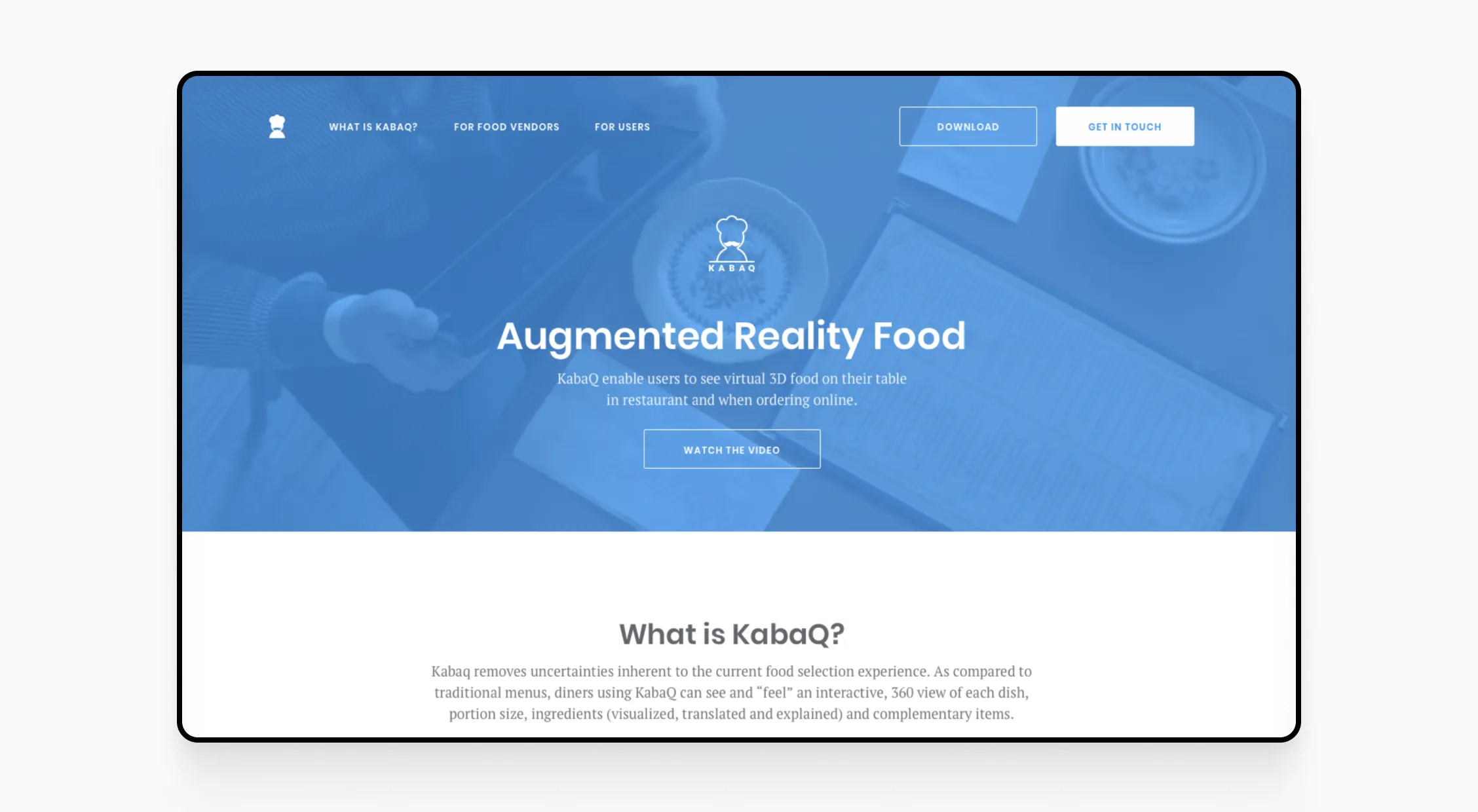 KabaQ homepage showcasing an augmented reality food preview with a call to action to "Watch the Video" and a blue interface.