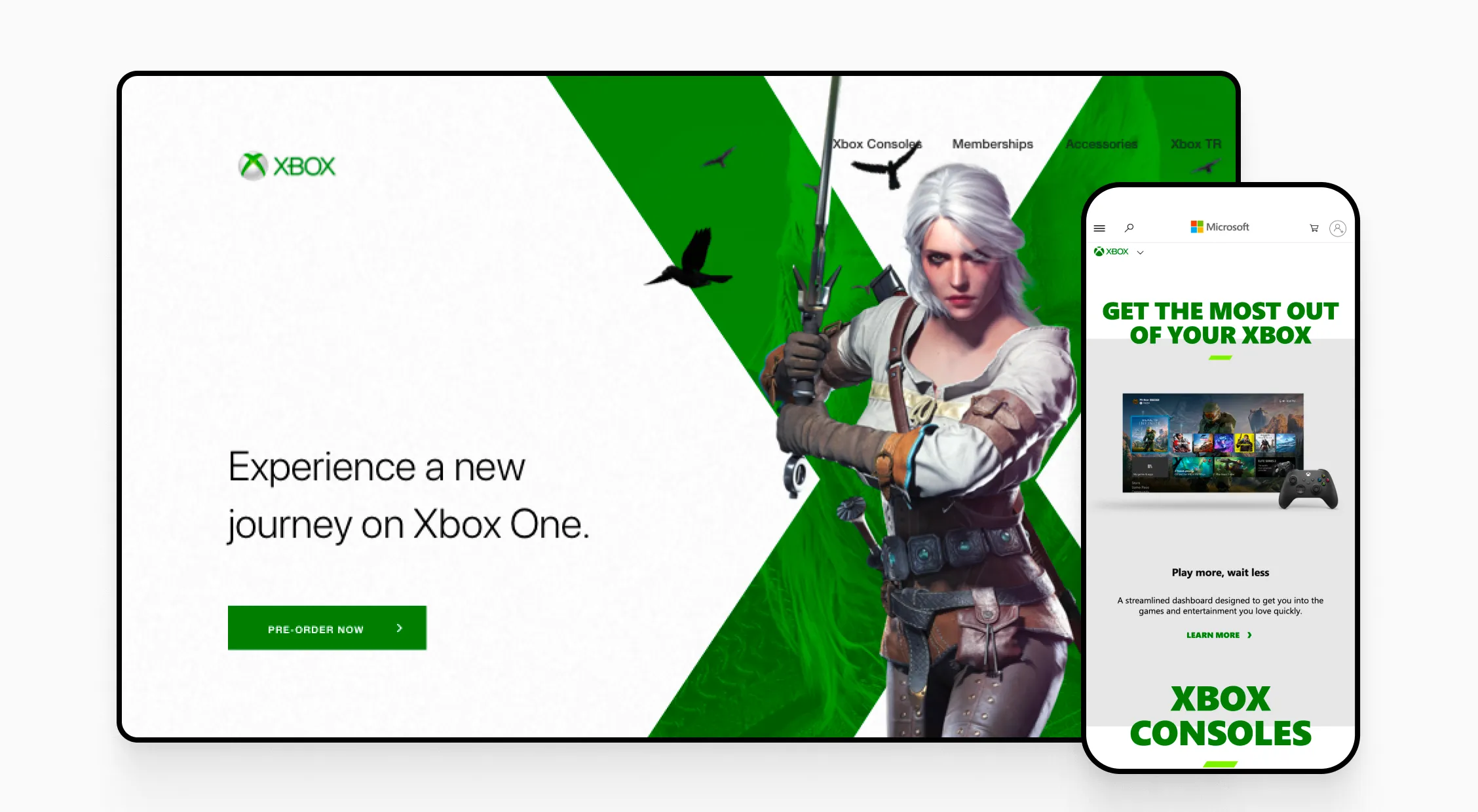 A promotional website for Xbox featuring a character holding a sword, console features, and a pre-order call-to-action.