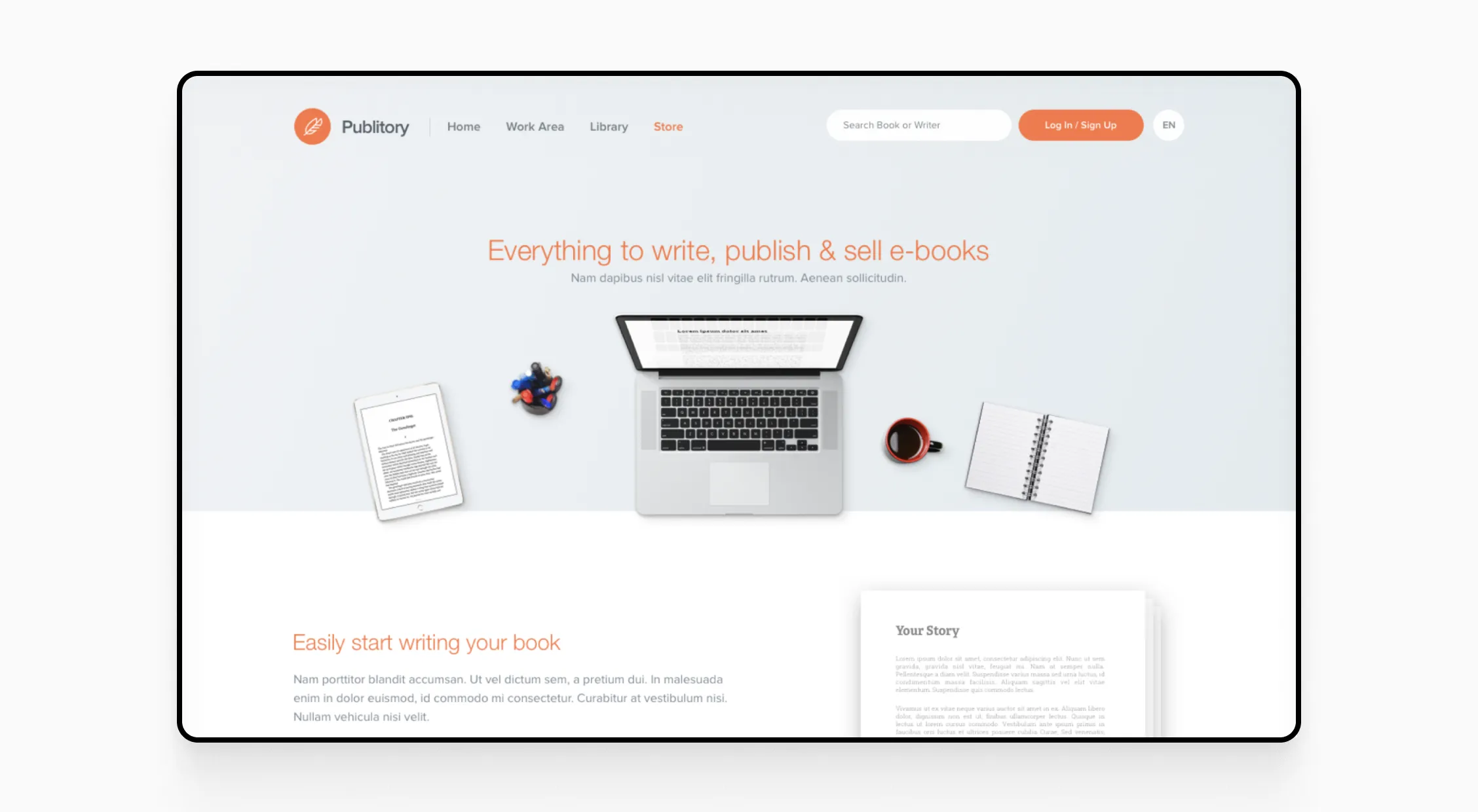 Publitory homepage featuring a clean layout with a central laptop, writing tools, and a call to start writing and publishing e-books.
