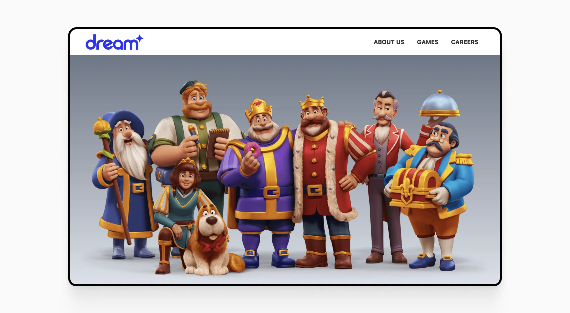 Dream Games website featuring 3D fantasy characters, including a king, a wizard, and a loyal dog from their flagship game.