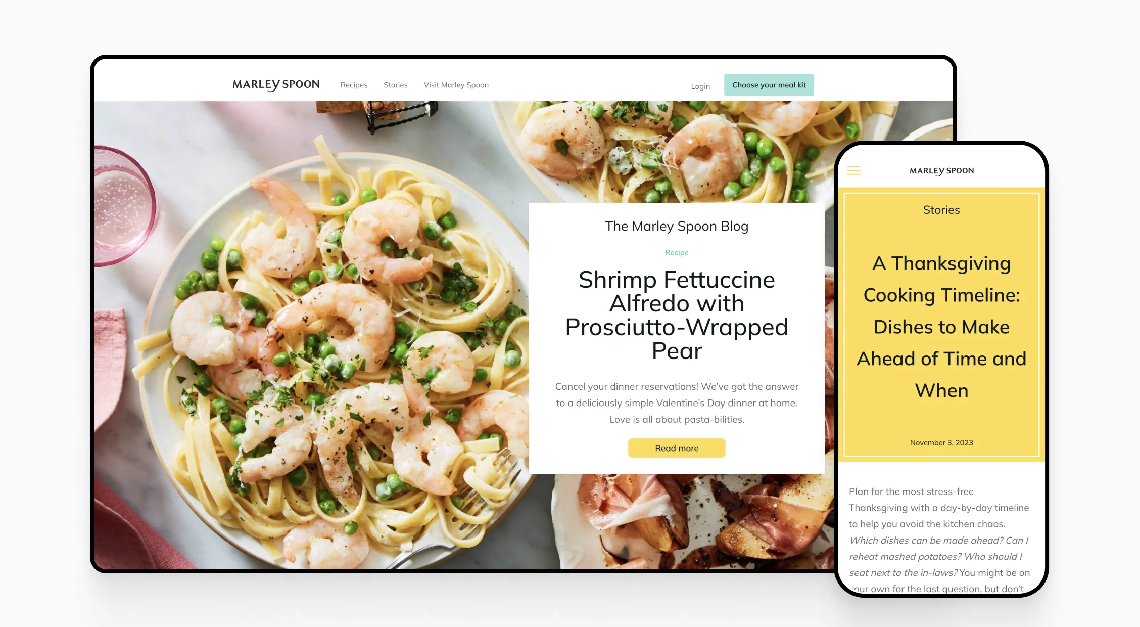 Screenshot of Marley Spoon's blog showing a recipe article with a food photo of shrimp fettuccine and related cooking stories.