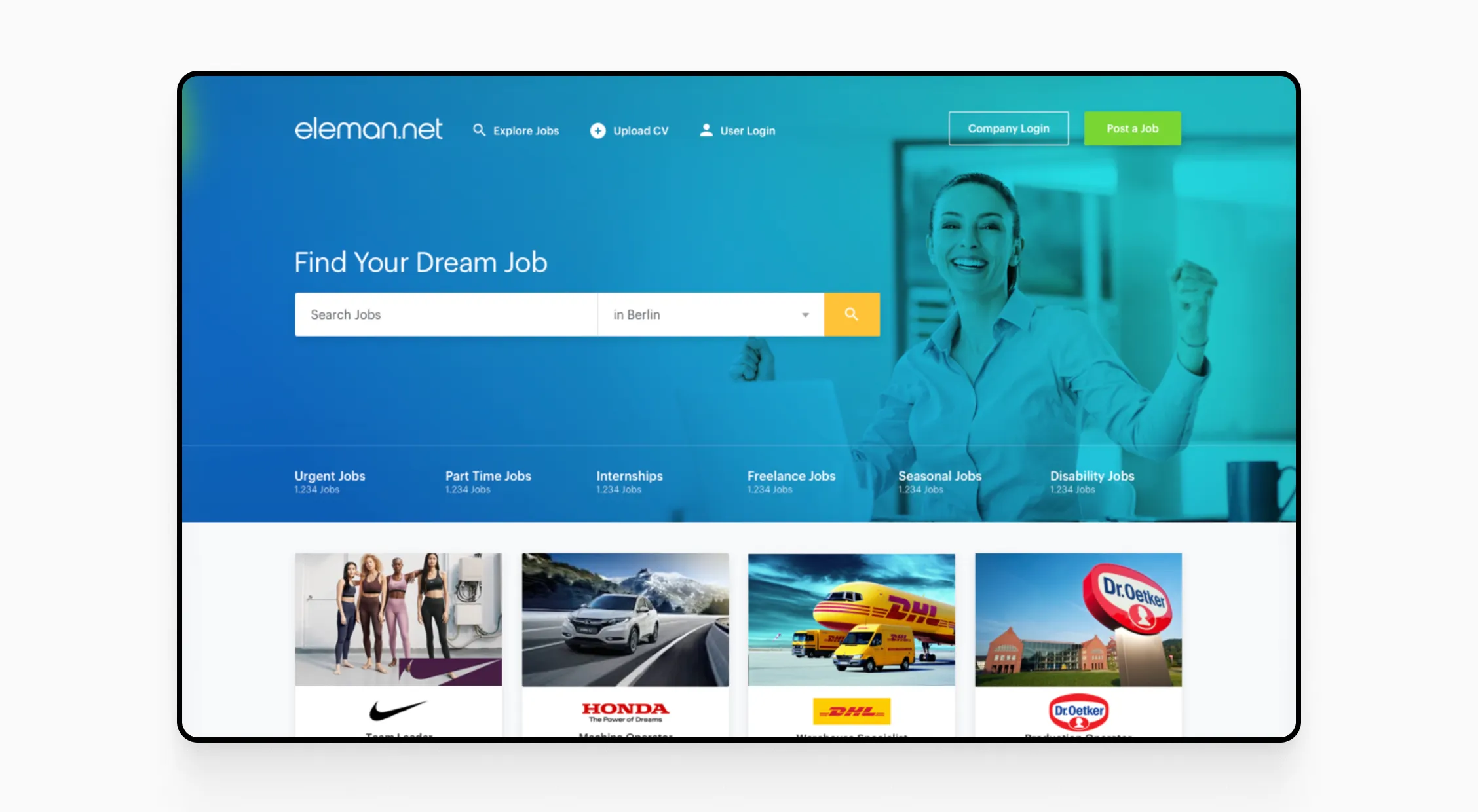 Eleman.net homepage showing a job search interface with category filters and featured companies such as Nike, Honda, DHL, and Dr. Oetker.