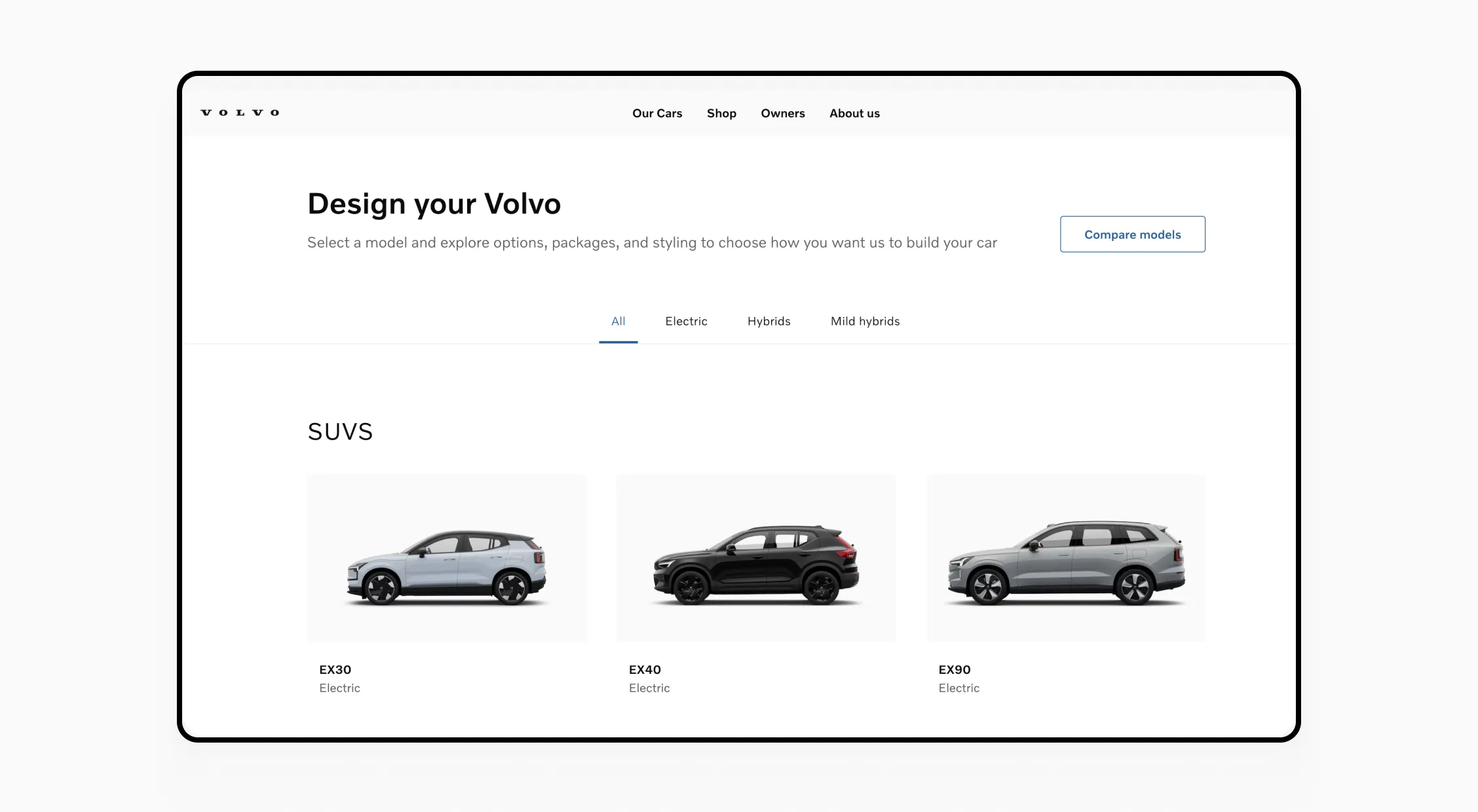 Volvo Cars website's 'Design Your Volvo' page displaying SUV models including EX30, EX40, and EX90, with options to compare models.