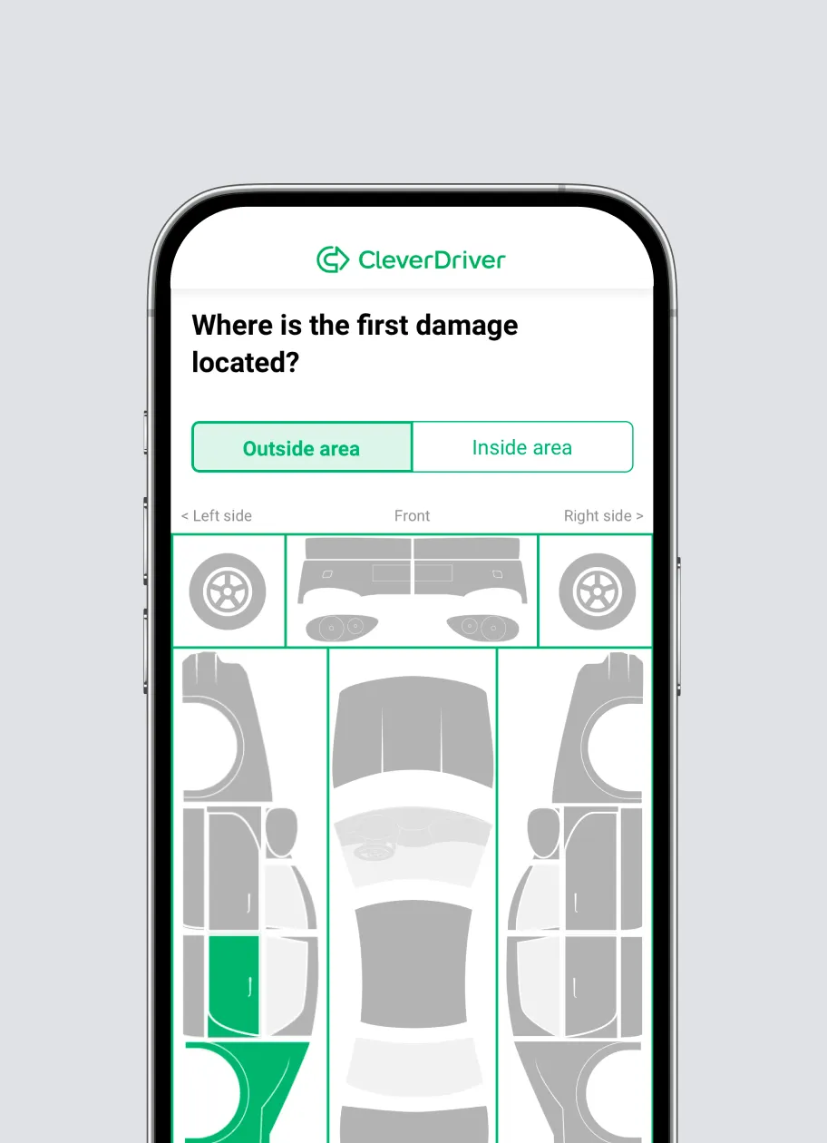 A mobile app screen showing a damage reporting interface with clickable areas for selecting where the damage occurred.