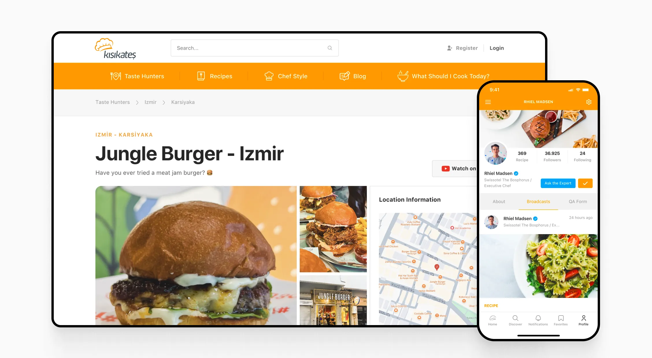 Kısık Ateş food review page for Jungle Burger in İzmir, featuring burger images, map location, and a user profile with a chef’s broadcast and recipe details.