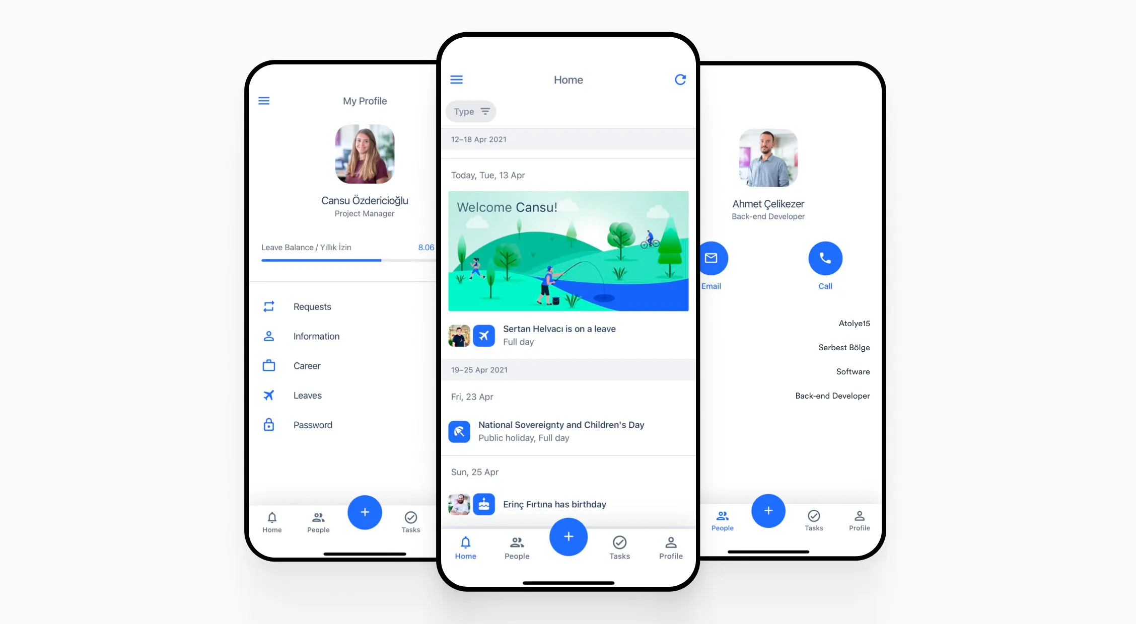 A mobile app interface displaying employee profiles and a personalized dashboard with announcements, upcoming holidays, and contact information.