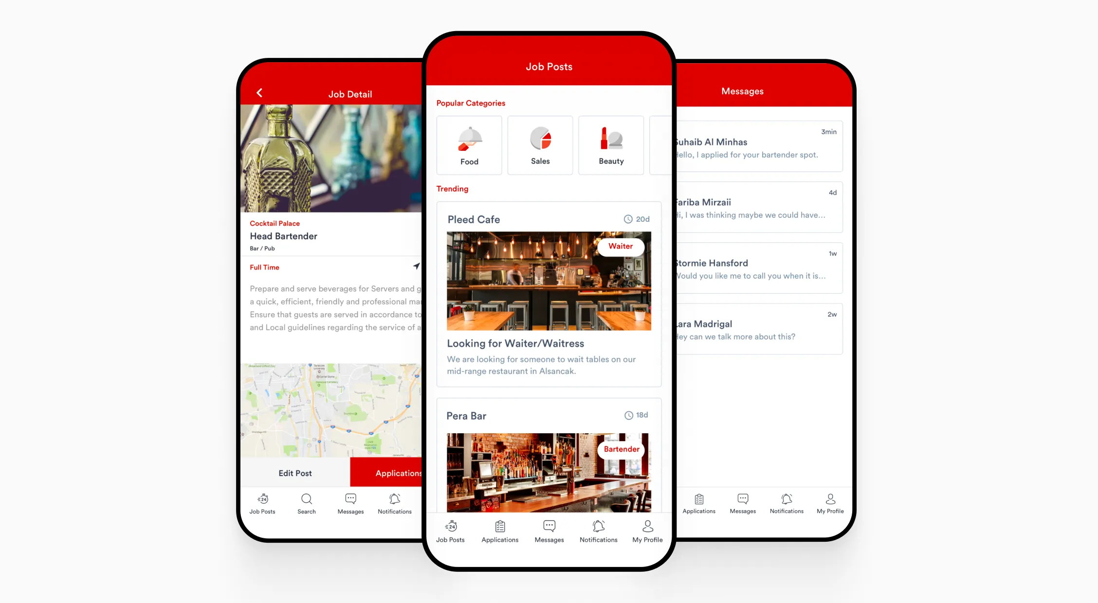 Mobile app showing job details, categories for food and beauty, and messages with listings for bartender and waiter jobs.