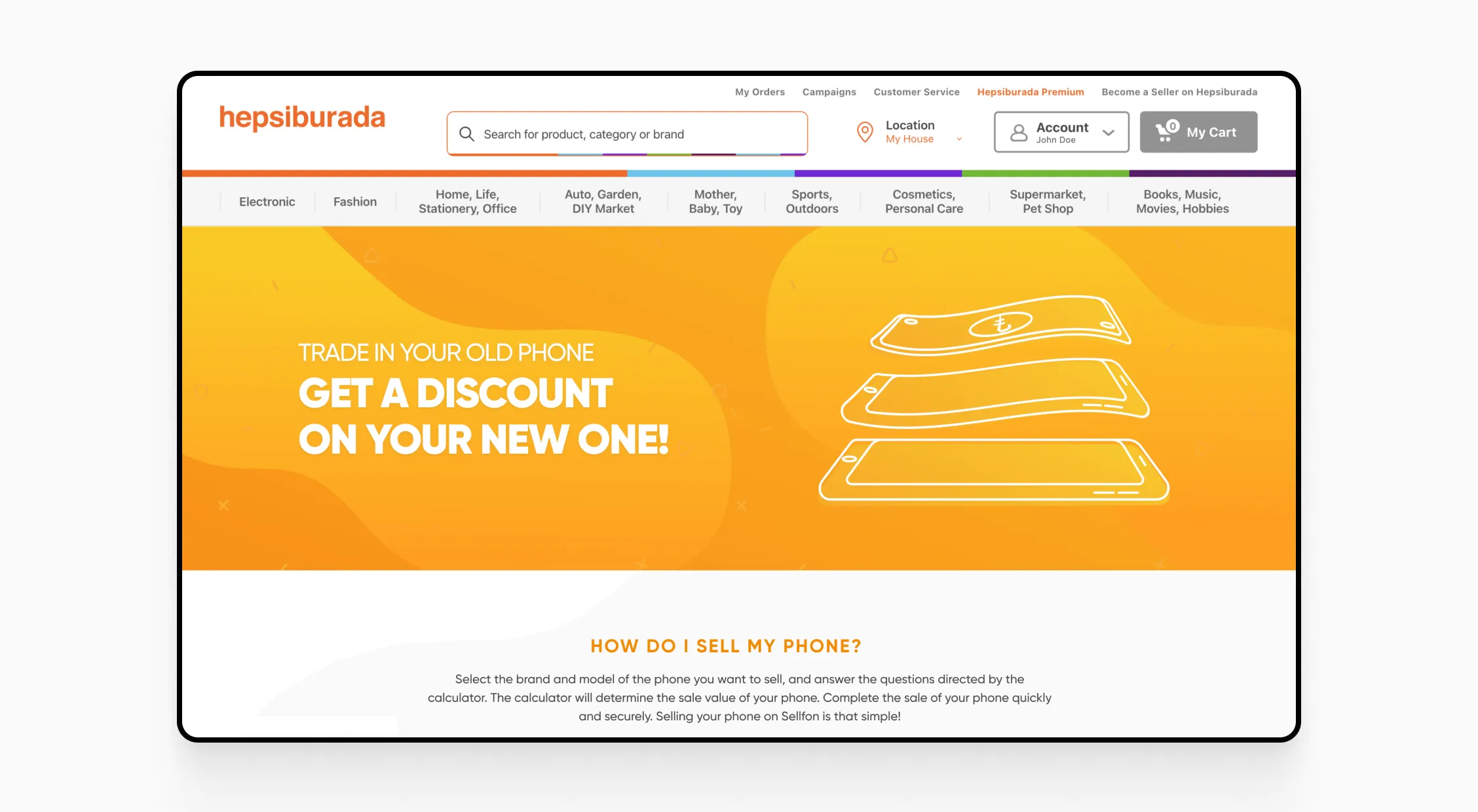 Hepsiburada homepage banner promoting phone trade-ins with discounts on new purchases, featuring phone illustrations.
