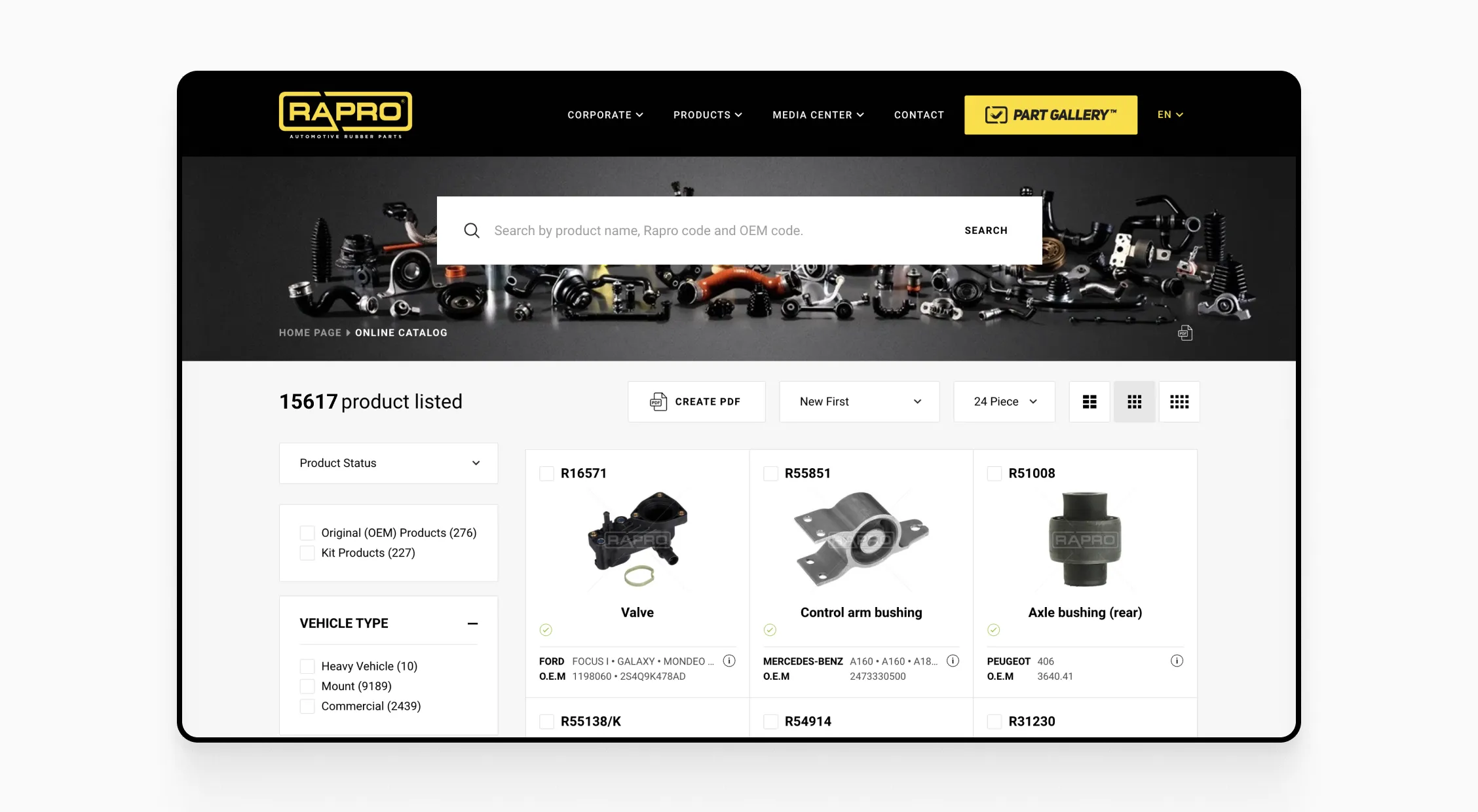 Gates Rapro's product catalog page displaying automotive parts such as control arm bushings, valves, and filters, with search and filter options.