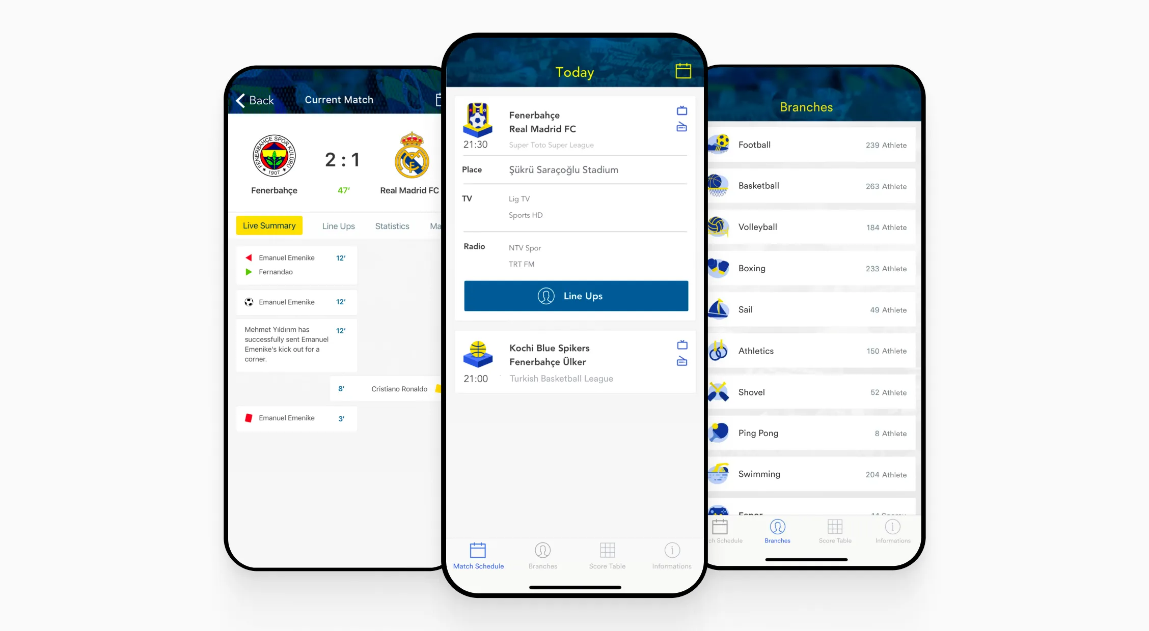 Mobile app interface showing Fenerbahçe's match schedules, live match summaries, athlete counts for different branches, and game details.