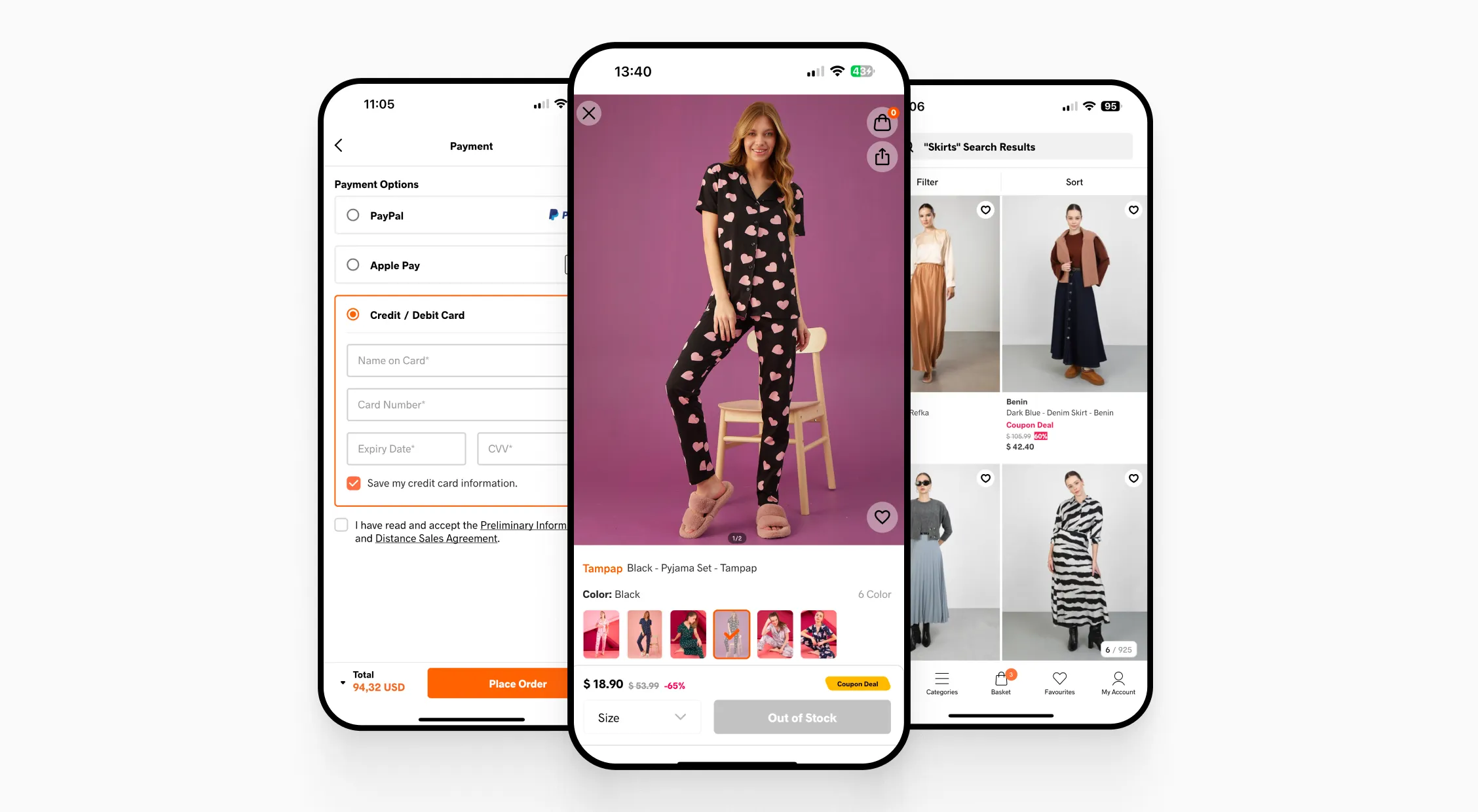 A mobile shopping app displaying product details, payment options, and product category filters with clear visuals of clothing items.