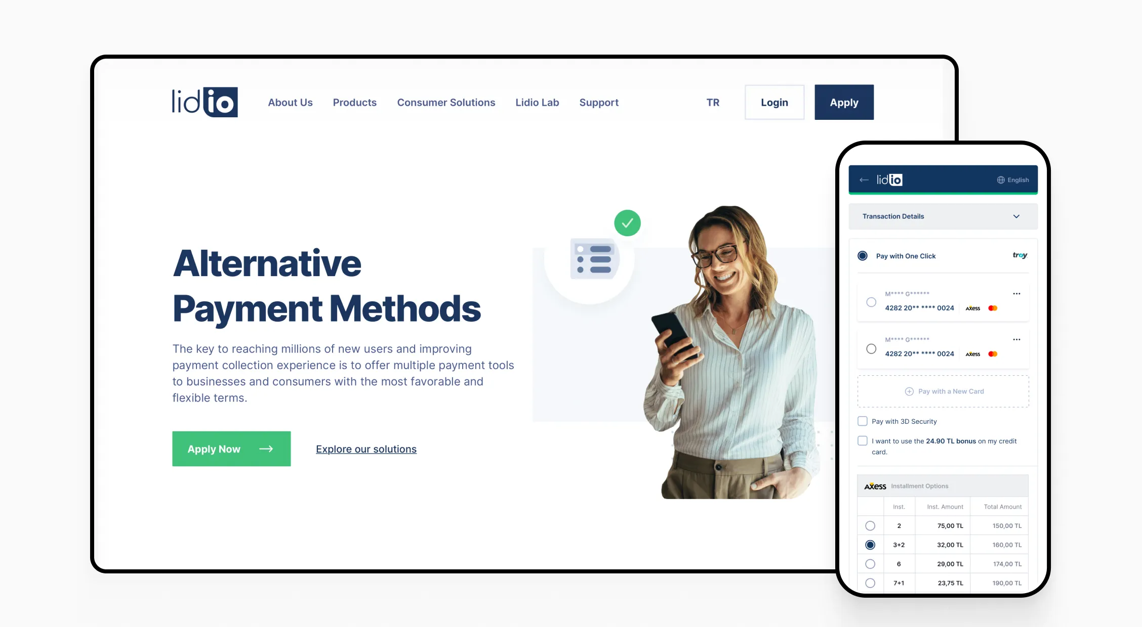 Lidio payment platform homepage showing alternative payment options and a user making a one-click transaction with installment plans.