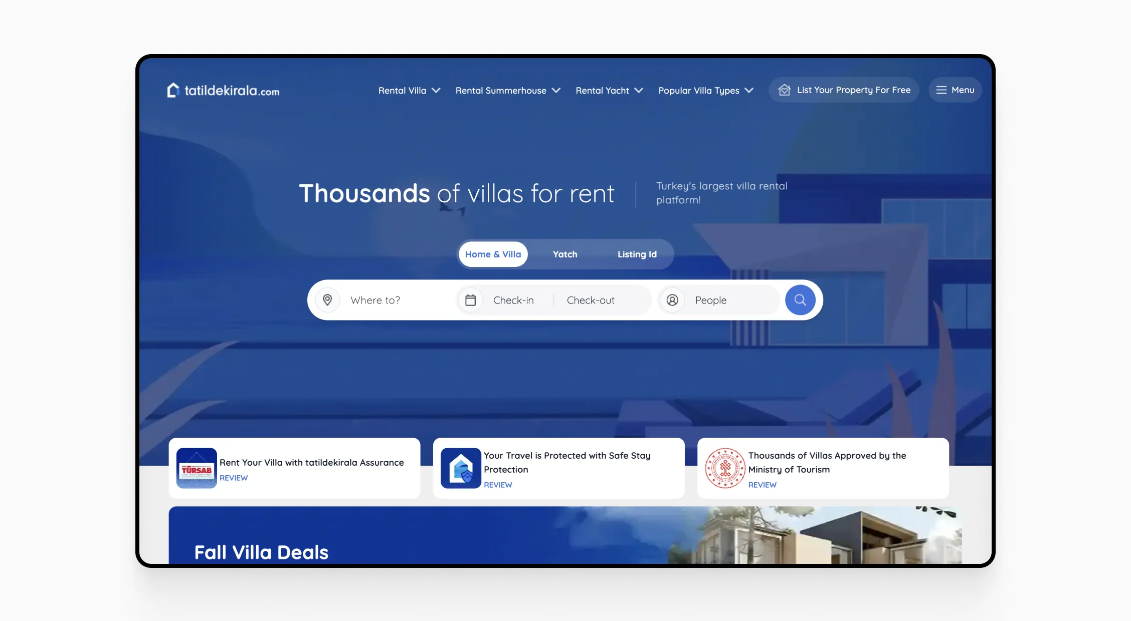 A homepage for a villa rental platform featuring a search bar for vacation homes and promotional sections for trusted travel partnerships.