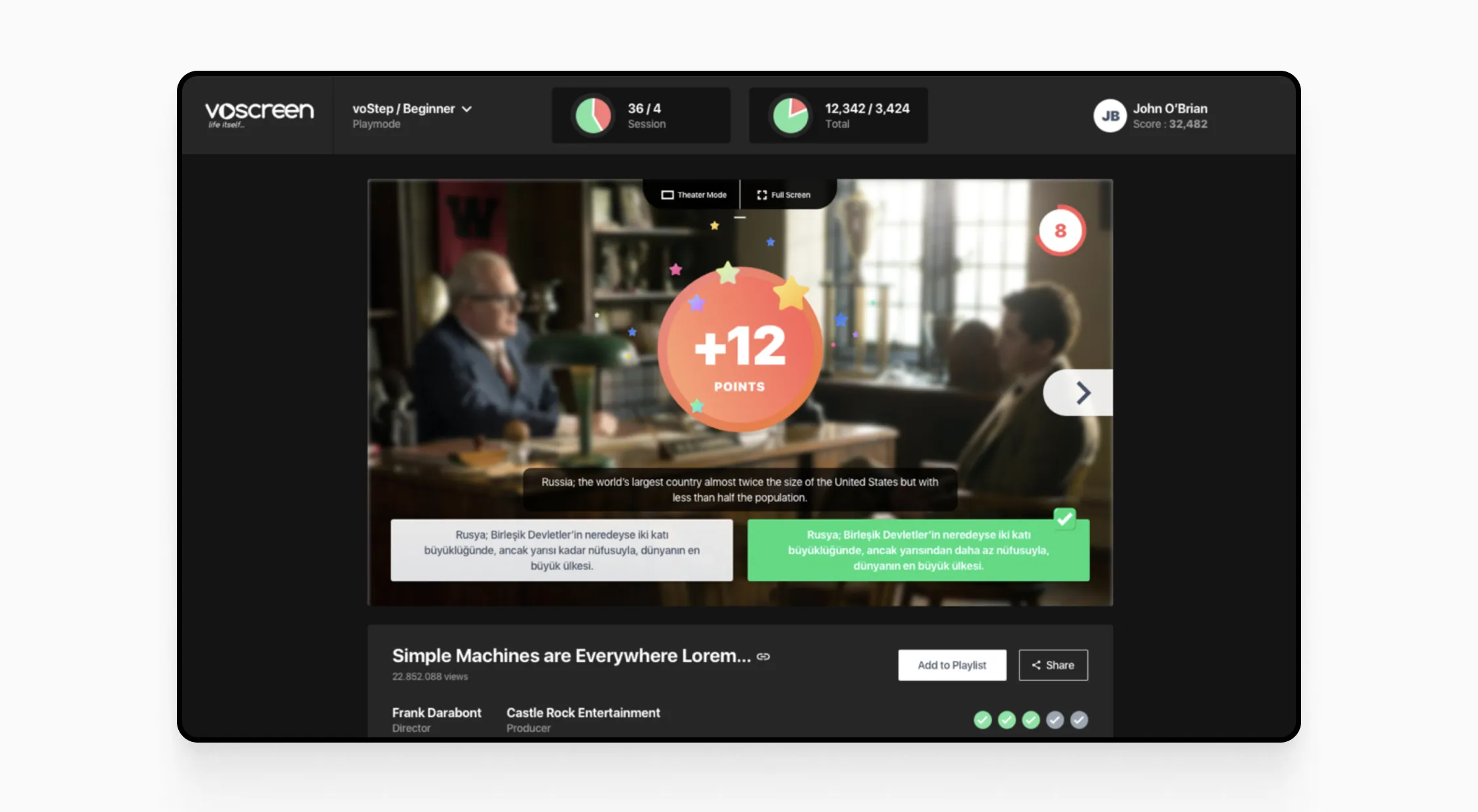 Screenshot of the Voscreen video-based language learning platform, displaying interactive English practice questions with scores and user profile information.