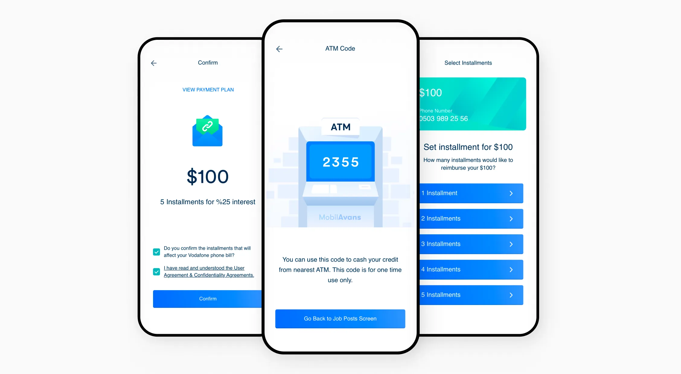Mobile app interface showing loan installment screens with an ATM code, installment options, and a confirmation step in blue tones.