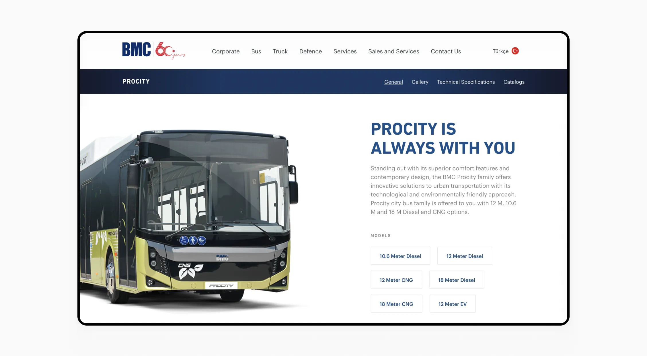 Homepage of BMC, featuring the Procity city bus model with eco-friendly icons and detailed model options such as 12M CNG and 18M Diesel.