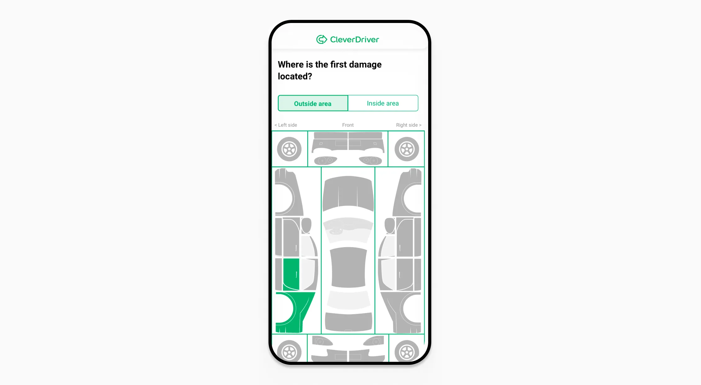 Mobile app interface displaying a damage reporting tool with a car illustration and options to specify the damage location.