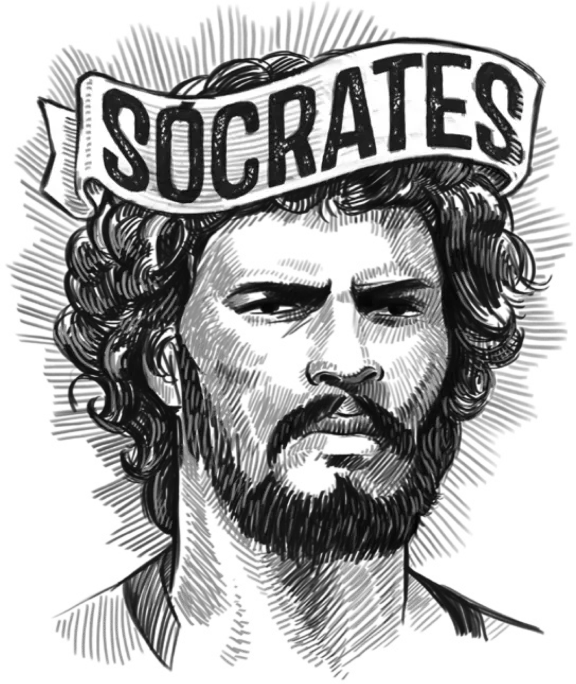 Black-and-white illustration of a bearded man with 'Socrates' written on a banner above his head.