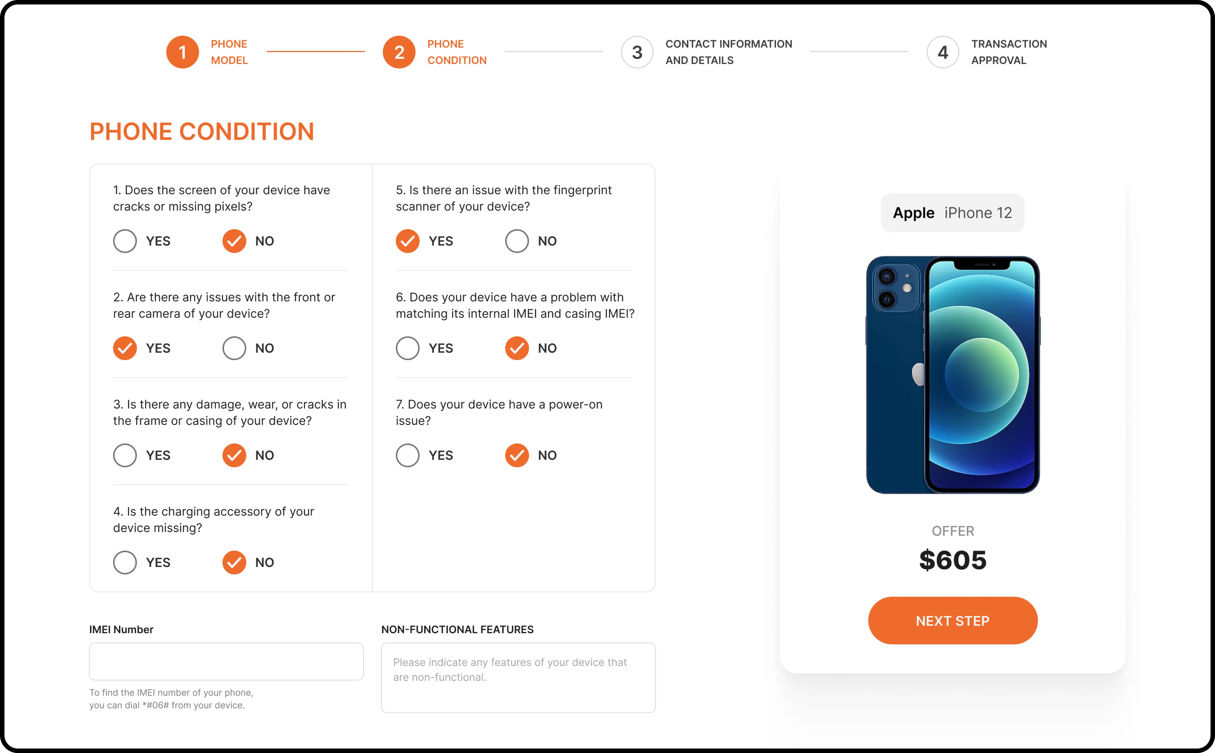 Phone trade-in process screen, showing phone condition questions and an offer of $605 for an Apple iPhone 12, with a 'Next Step' button.