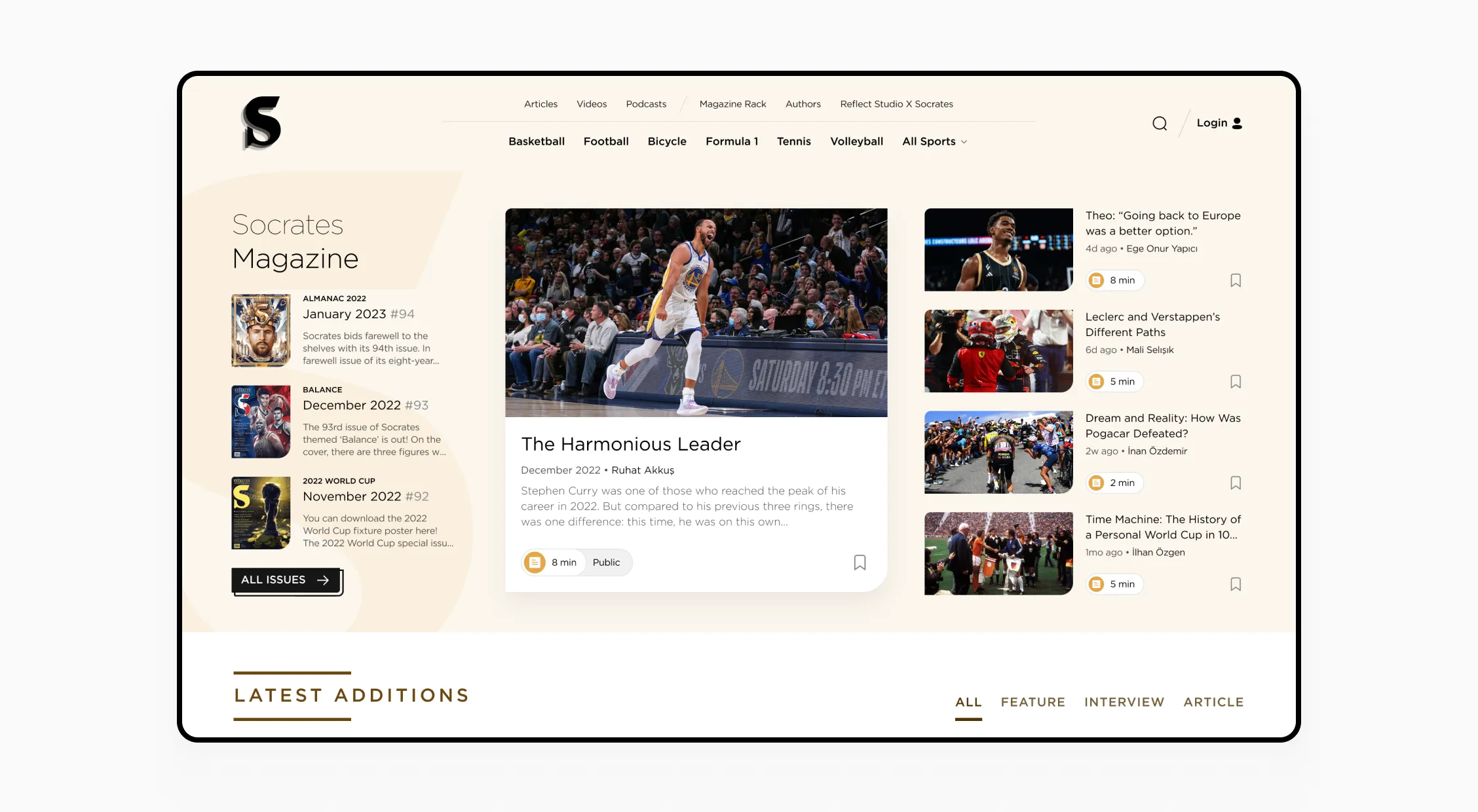 Socrates Magazine homepage showcasing recent issues, featured articles, and a list of the latest sports content.