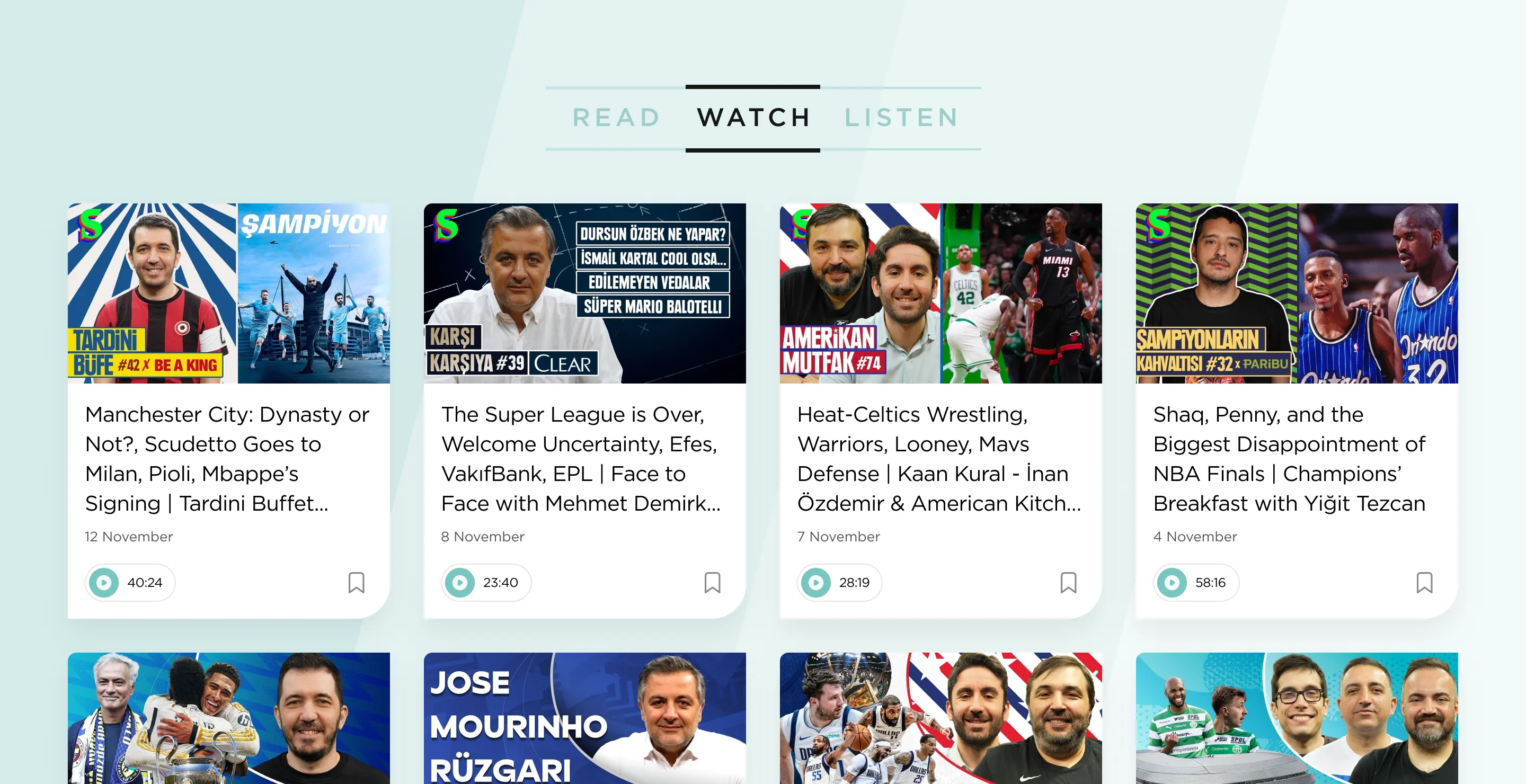 Socrates Magazine's 'Read, Watch, Listen' section showcasing video content on sports topics like Manchester City, the Super League, Heat vs. Celtics, and the NBA Finals