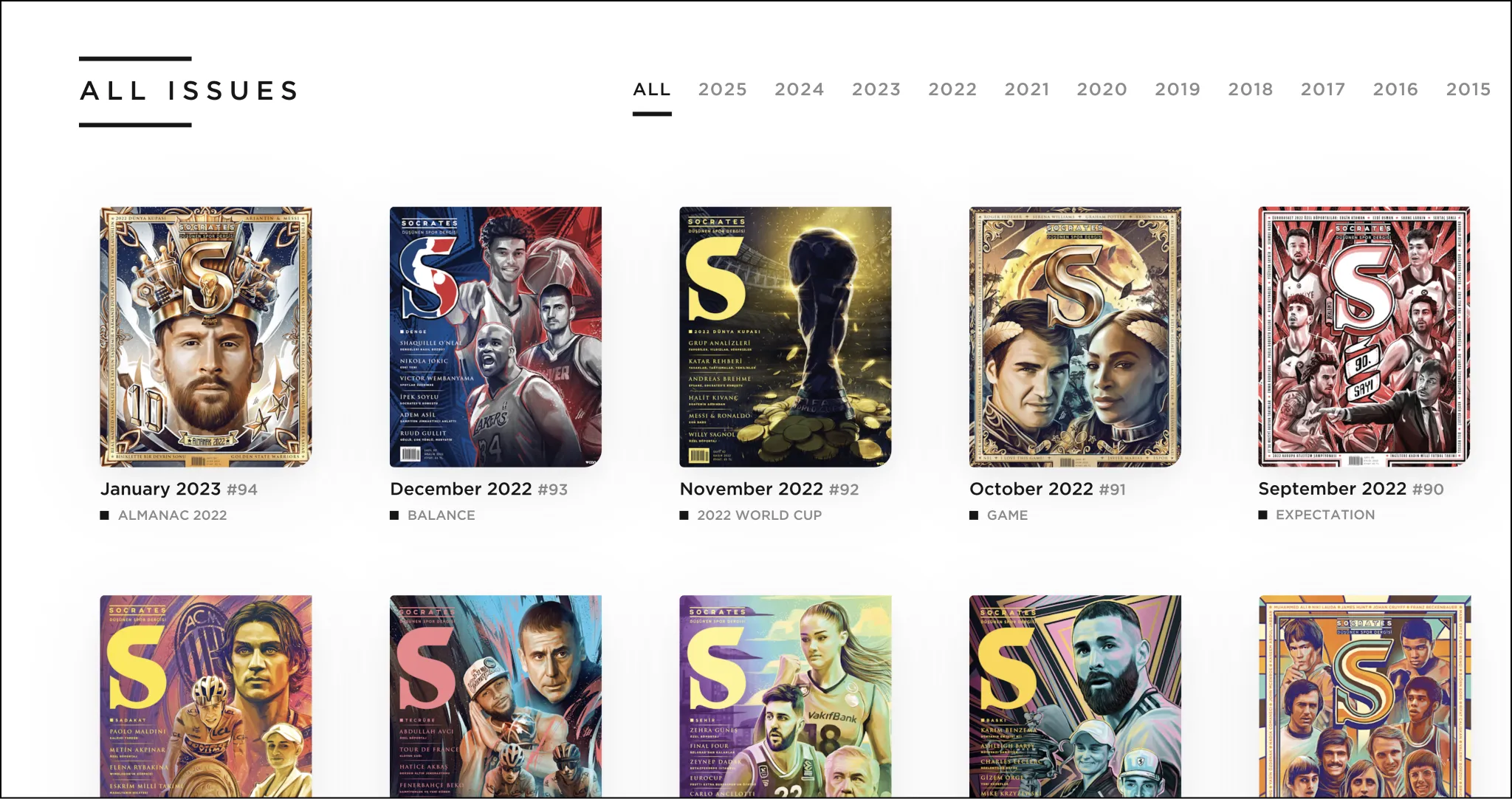 Socrates Magazine archive showcasing covers of past issues, including themes like 'Almanac 2022' and '2022 World Cup.'