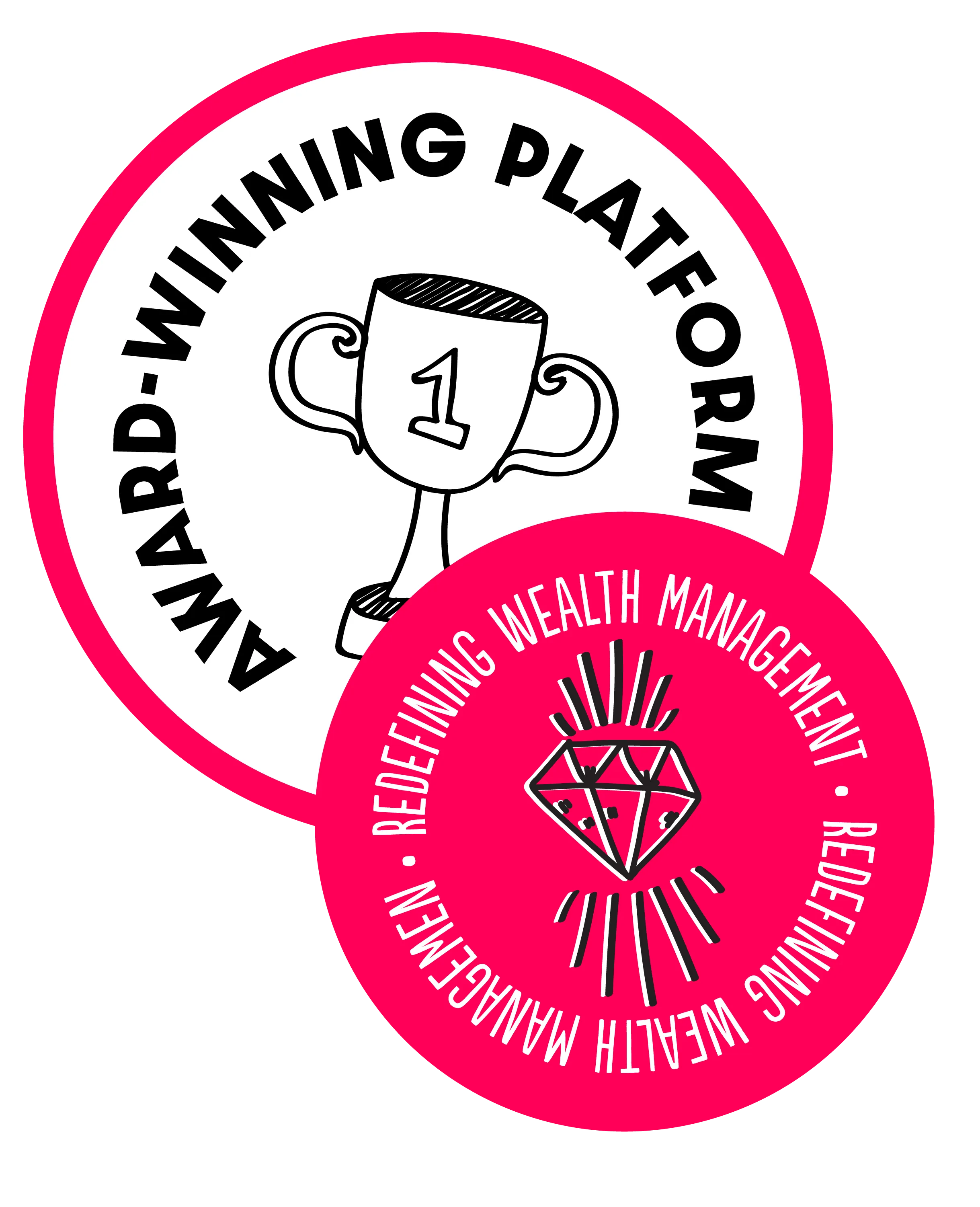 A circular badge with a trophy icon and the text "Award-Winning Platform," overlapping another badge that reads "Redefining Wealth Management" with a diamond illustration.