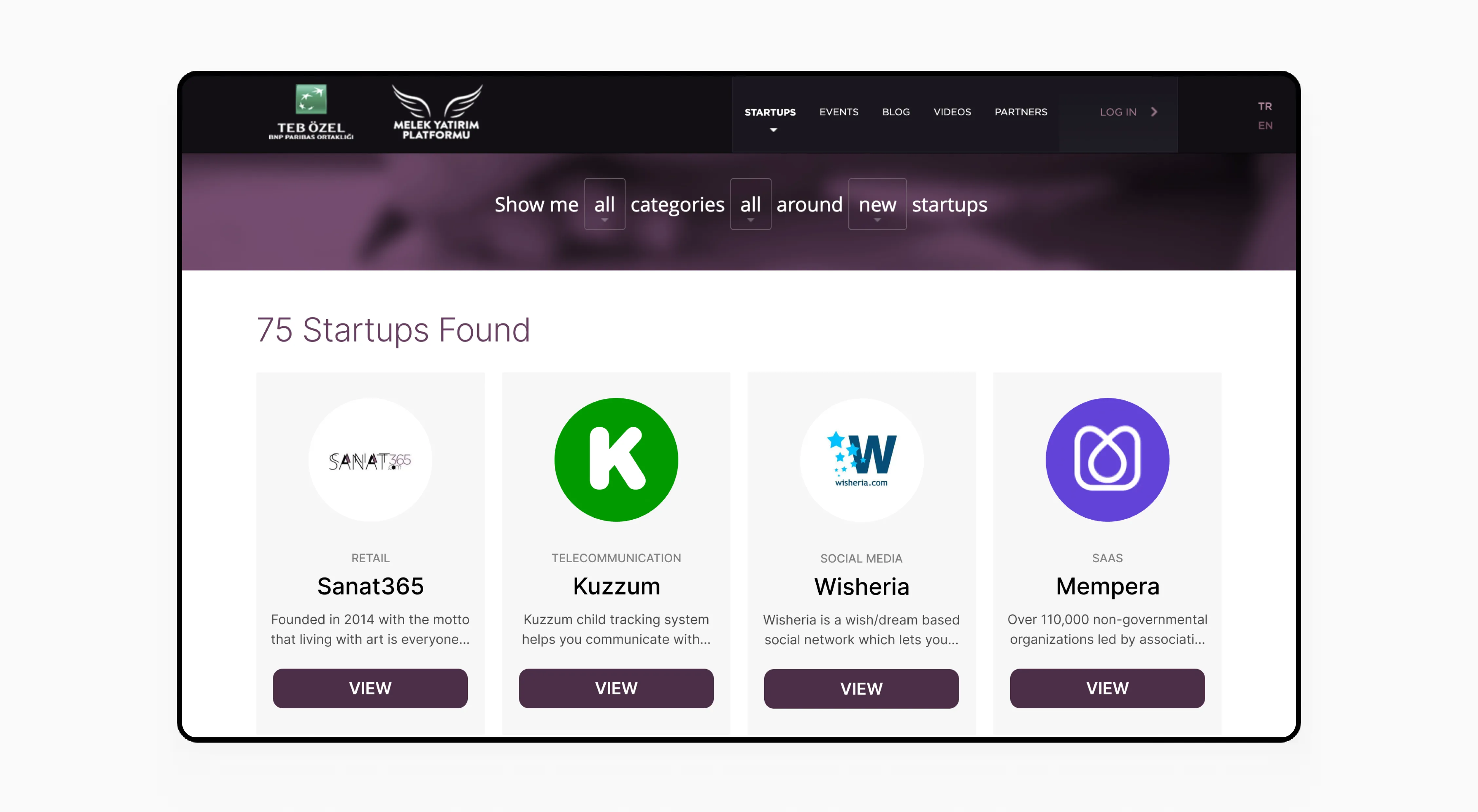 BNP Paribas Angel Investment Platform interface showing a list of startup projects categorized by industries, with options to view details.