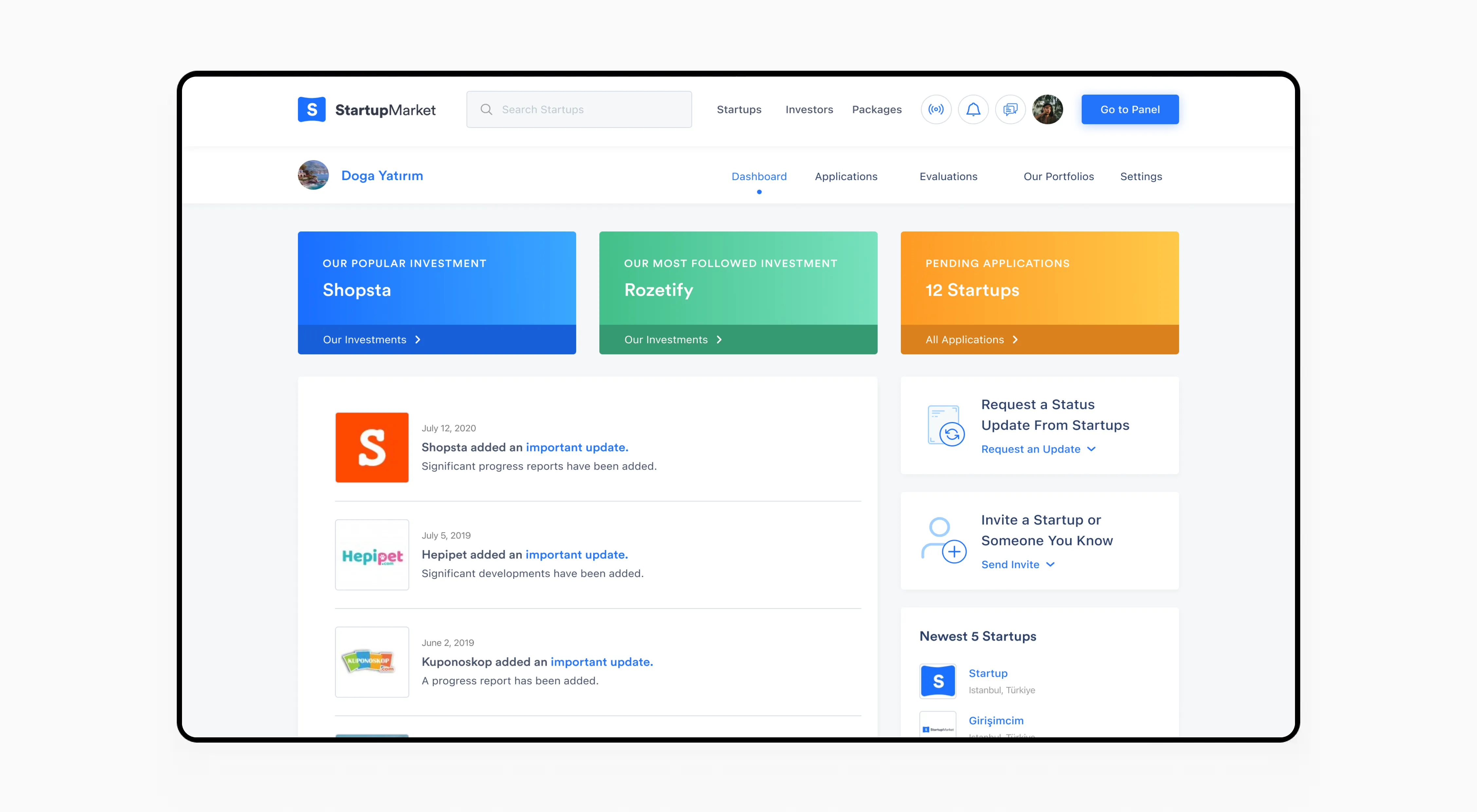 StartupMarket profile page for Shopsta, an Instagram-based shopping platform, displaying investment details, company info, and a marketplace summary.