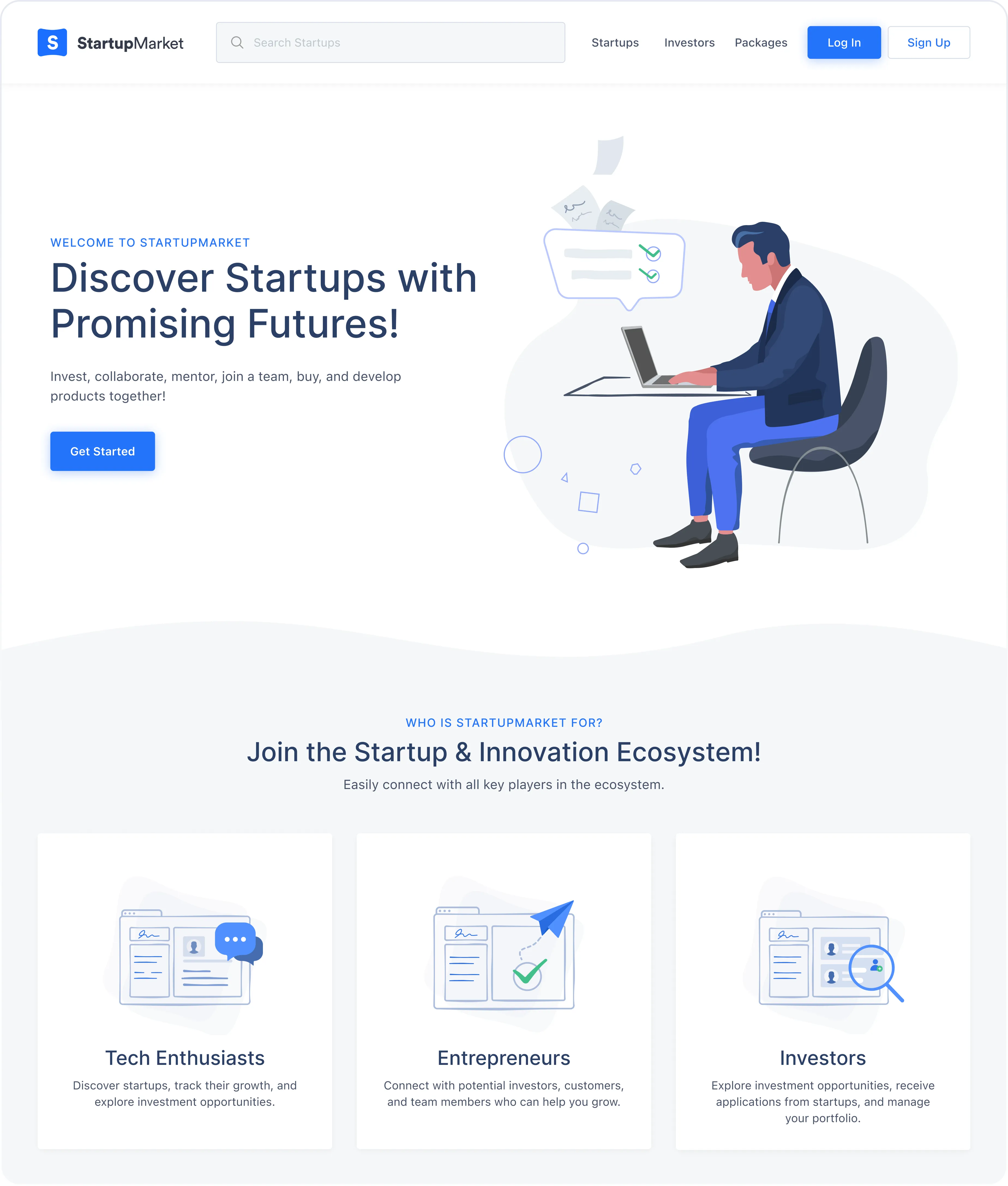 StartupMarket homepage with a welcome message, search bar, and sections for tech enthusiasts, entrepreneurs, and investors.