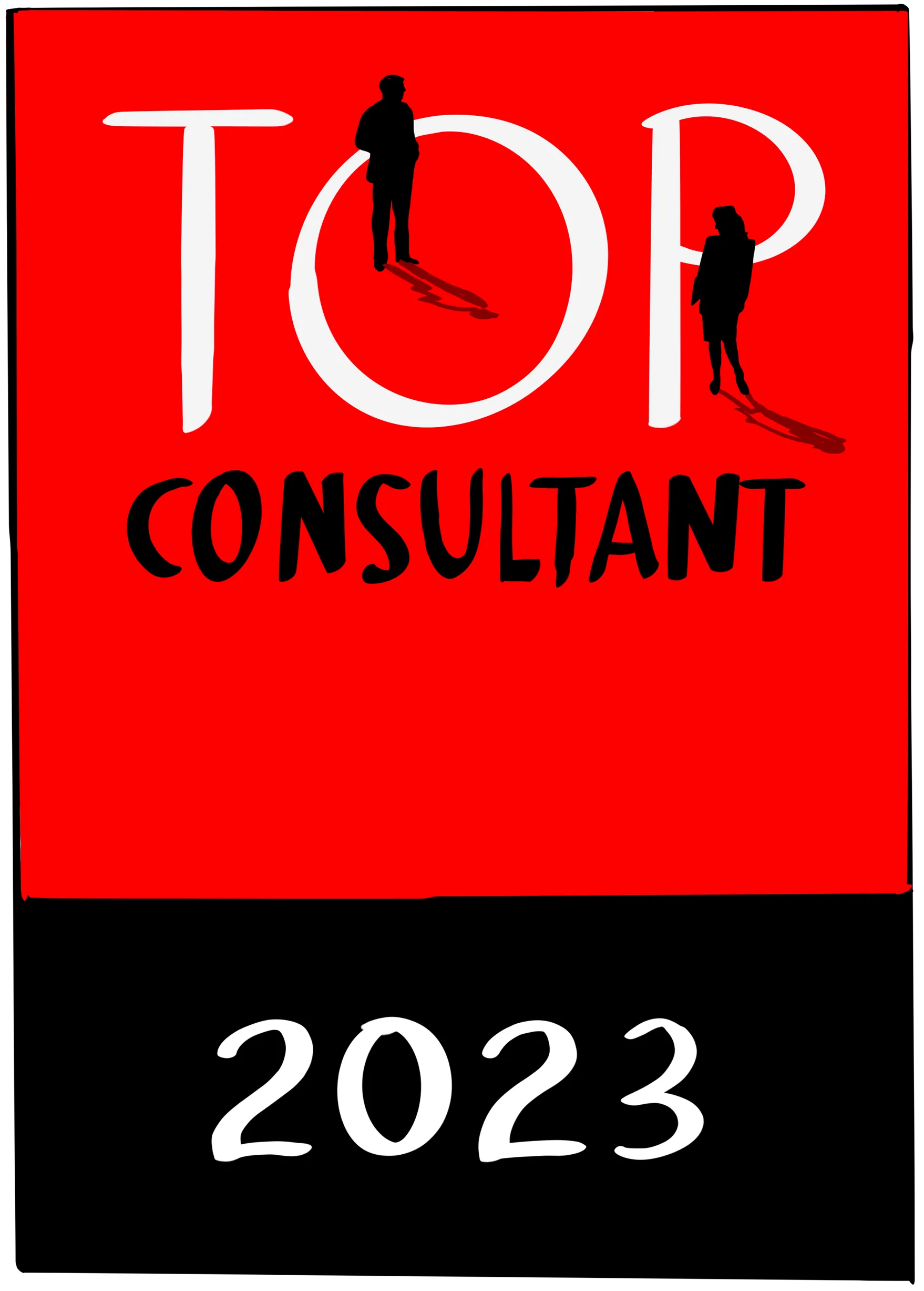 A red and black badge displaying "Top Consultant 2023" with two silhouetted figures.