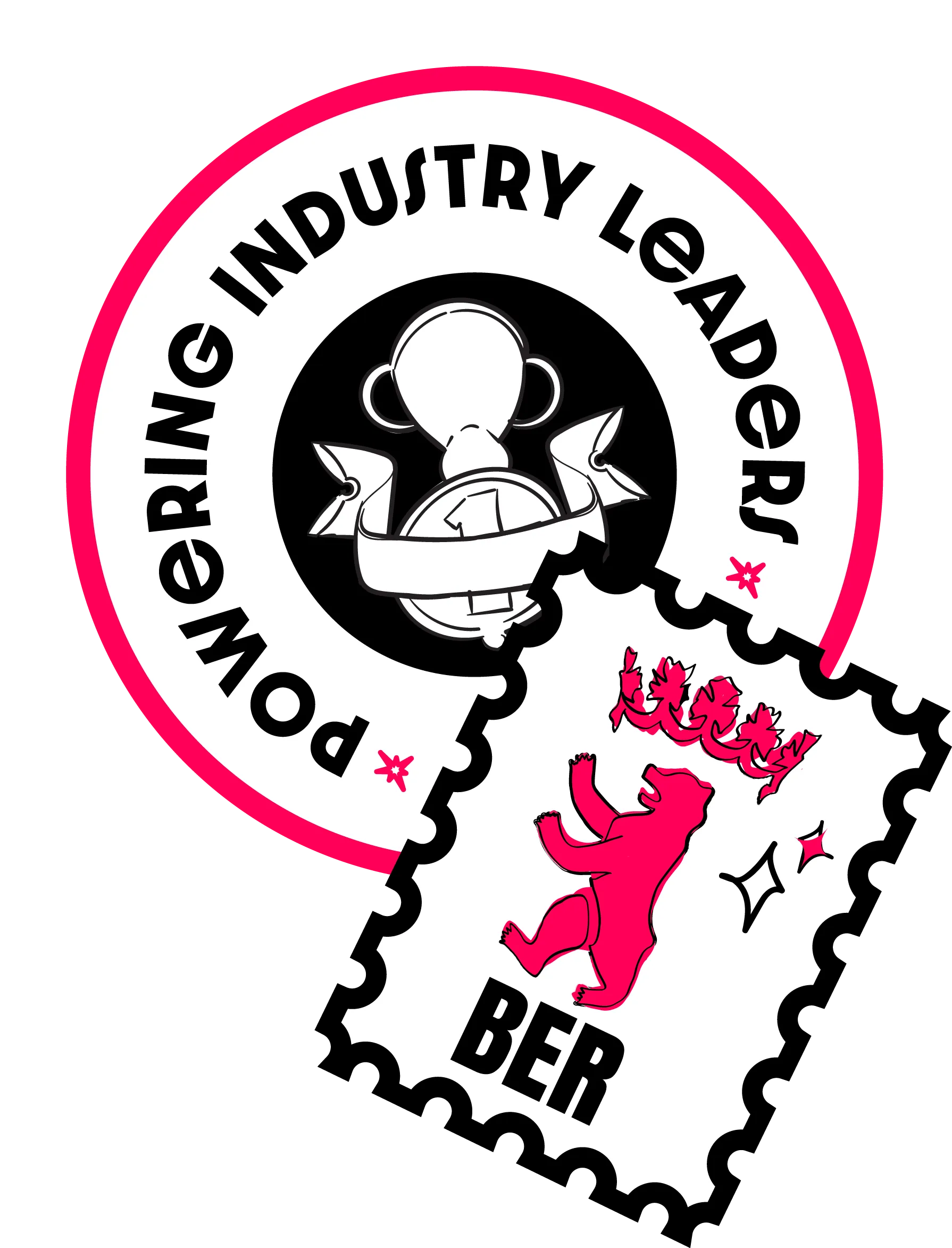 Two stickers: 'Powering Industry Leaders' with a monkey icon and 'BER' with a roaring bear.