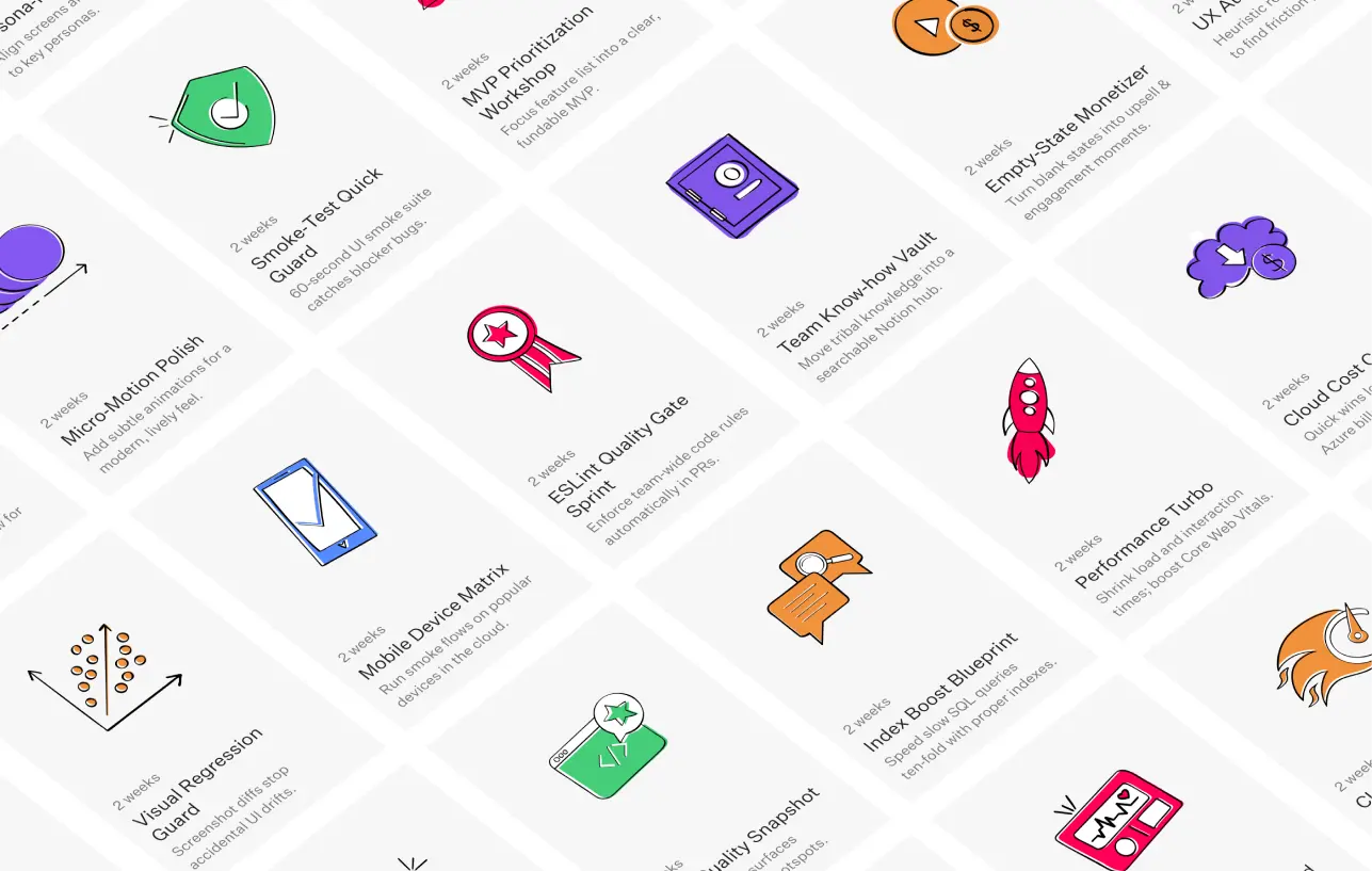 Visual overview of Booster Sprint types, each with a title, icon, and short description for 2-week solutions.