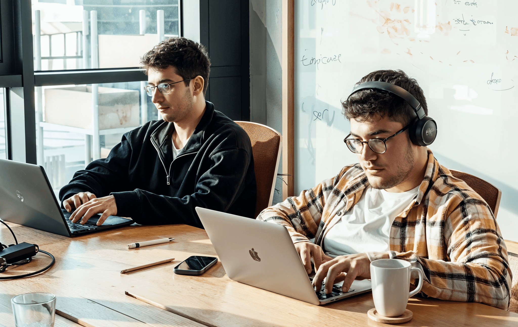 Two developers working side by side at a shared desk, focused on their laptops.