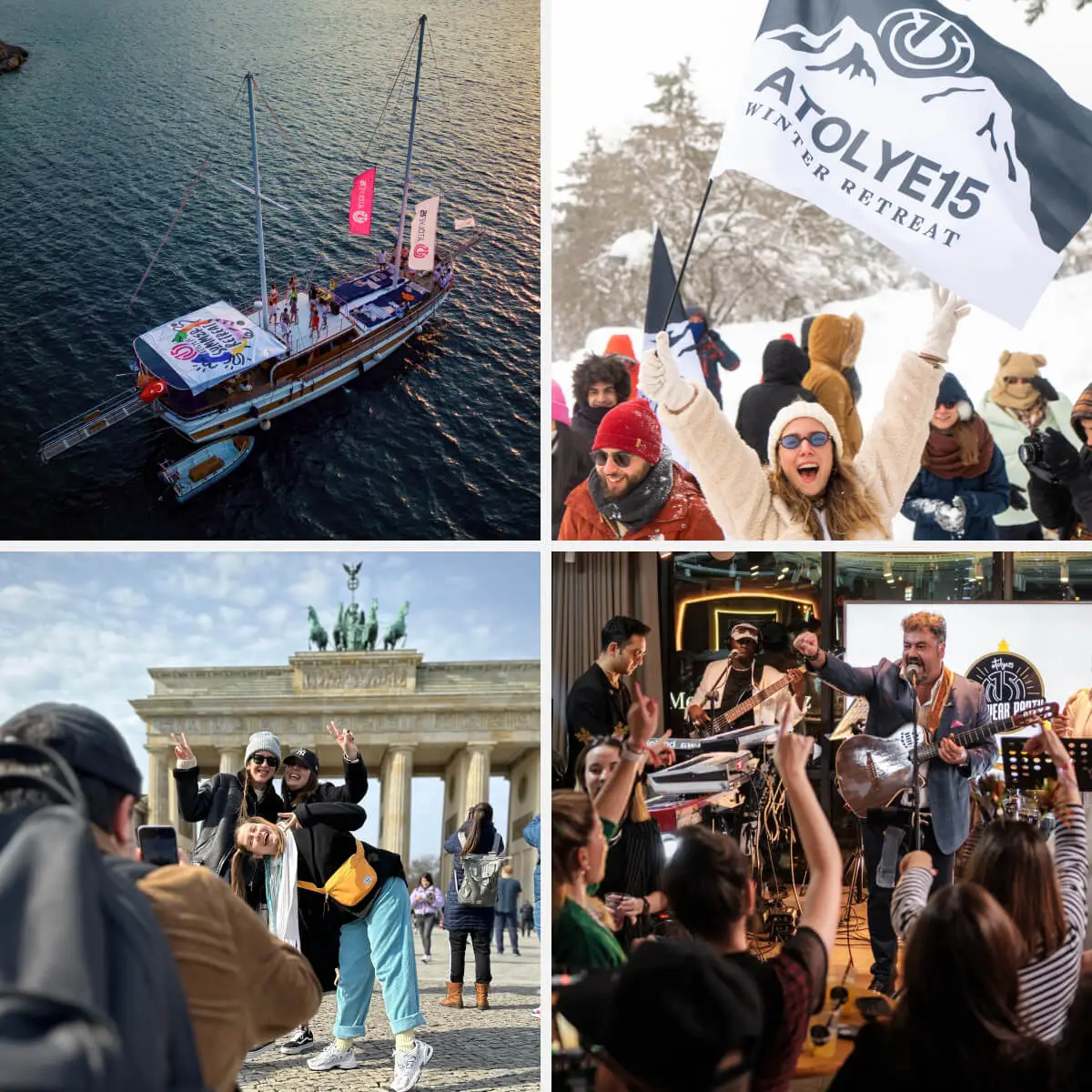 Collage of Atolye15 retreats and events, from boat trips and winter getaways to Berlin visit and office party.