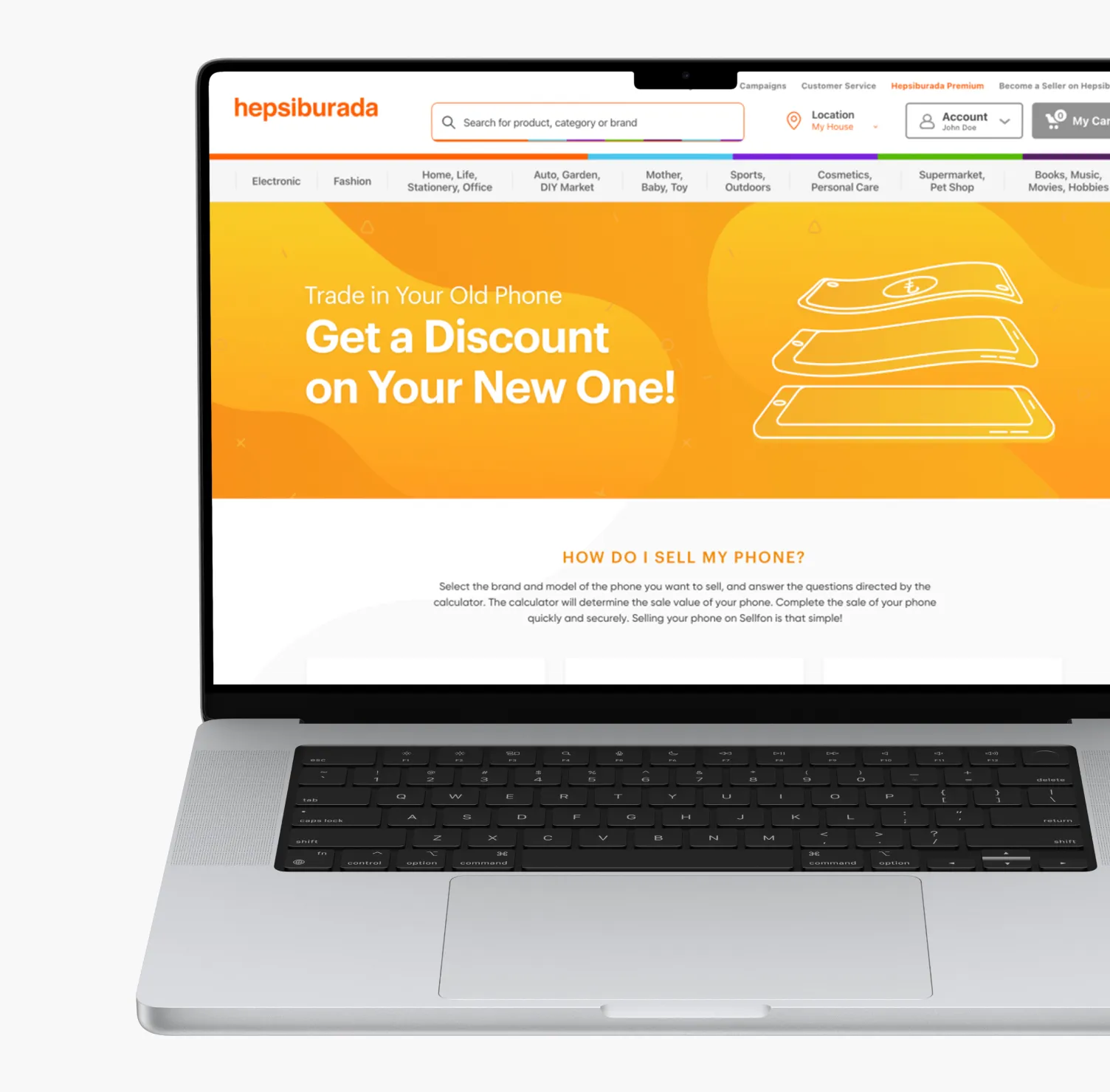 Hepsiburada e-commerce web page promoting phone trade-in, discounts, and online shopping services.