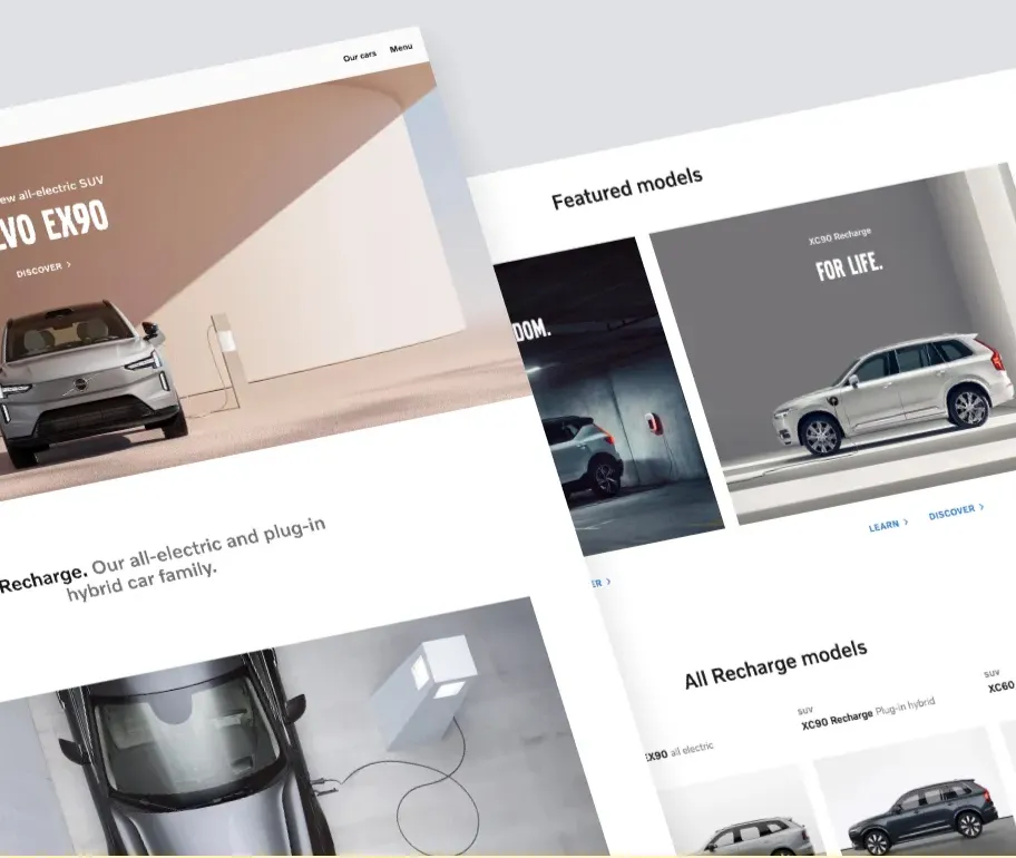 Automotive web layouts featuring Volvo car models, electric vehicles, and clean product listing pages.