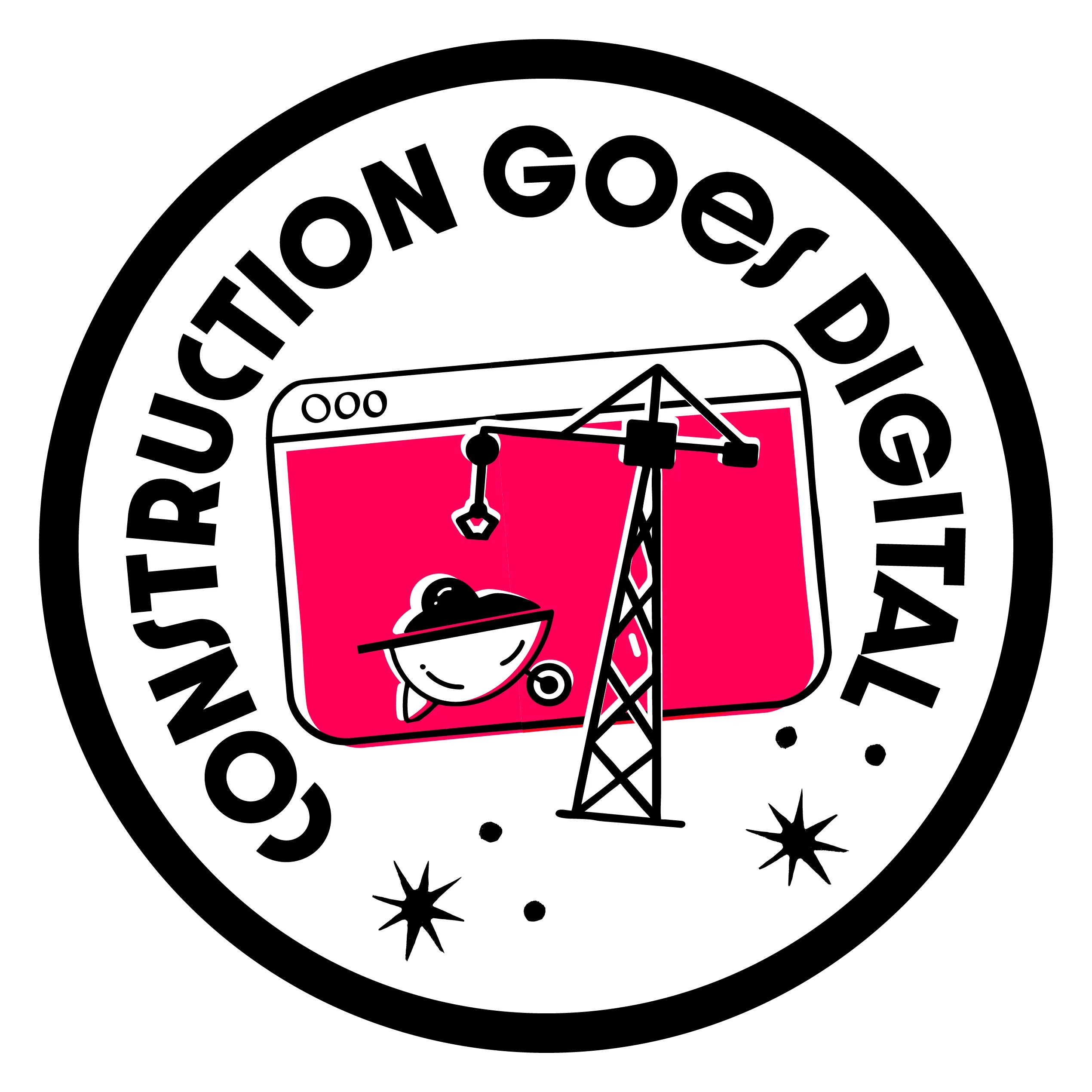 Sticker illustration with a crane and browser window, symbolizing construction projects going digital.