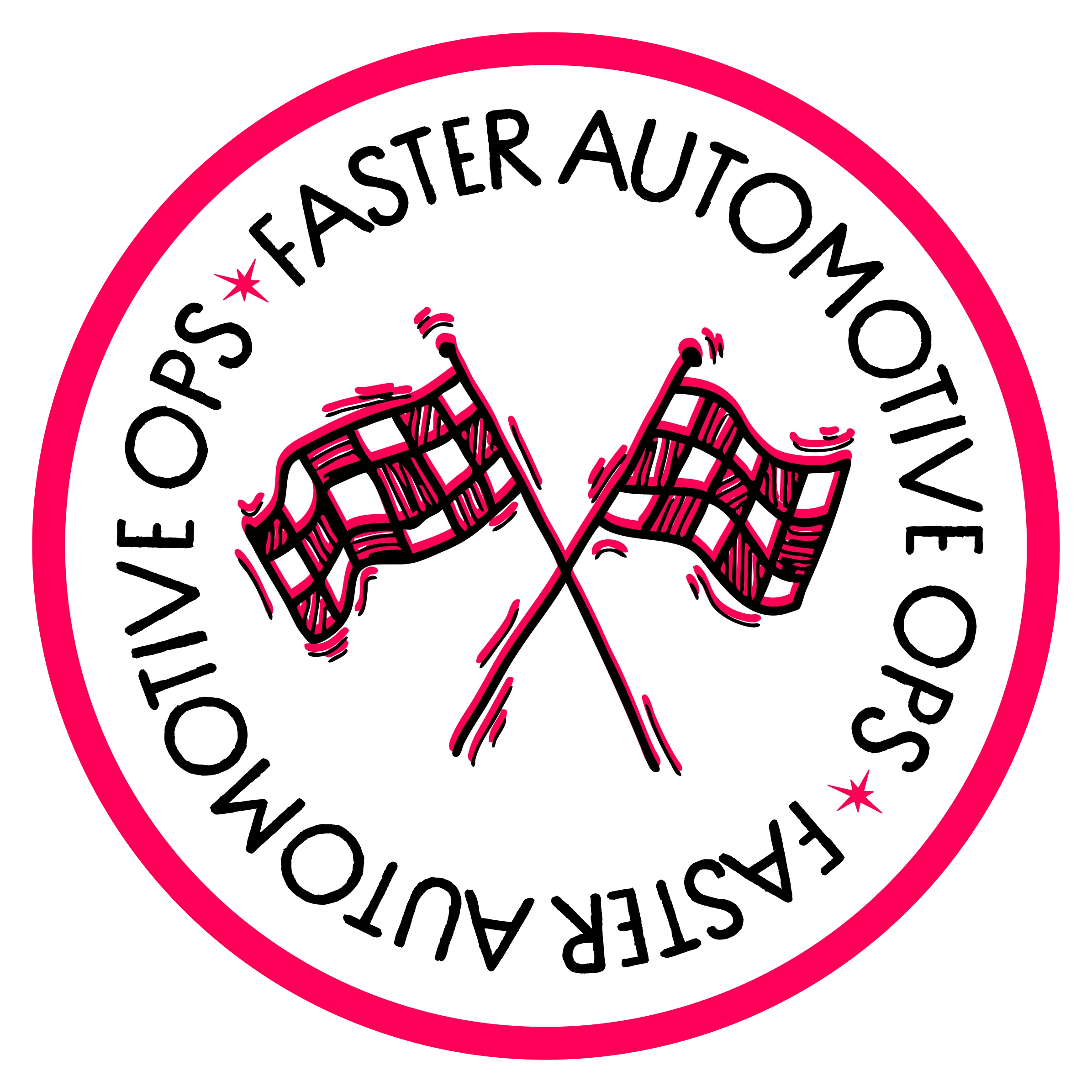 Sticker-style illustration with racing flags representing faster automotive operations and digital transformation.