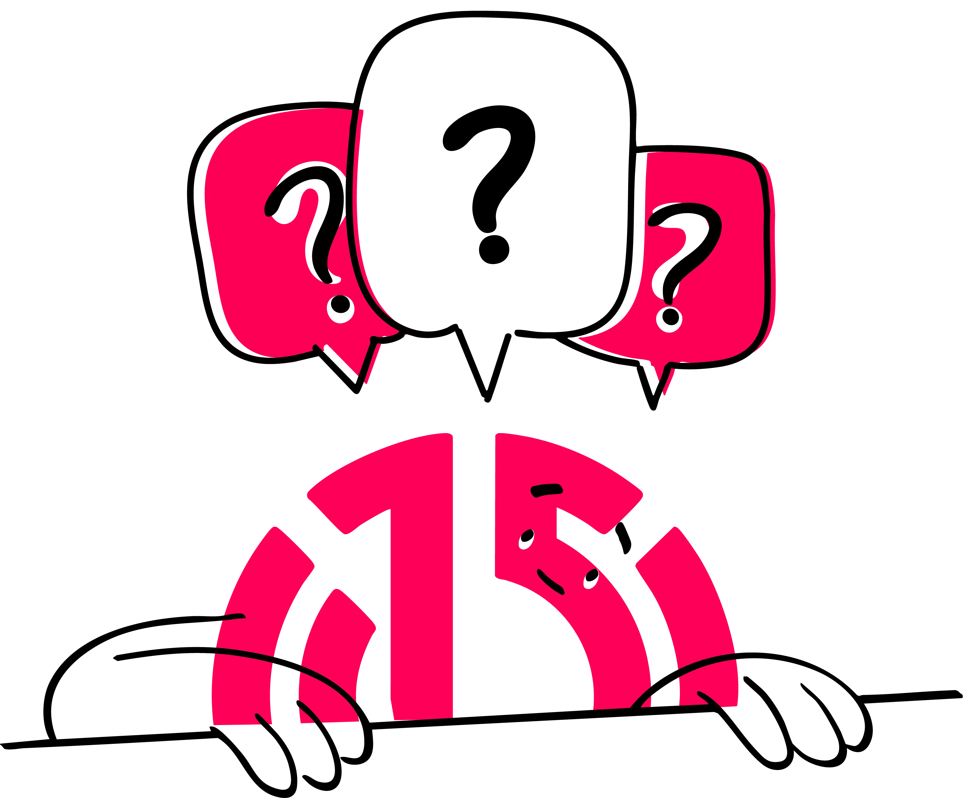 Atolye15 logo person peeking over edge with question bubbles above head