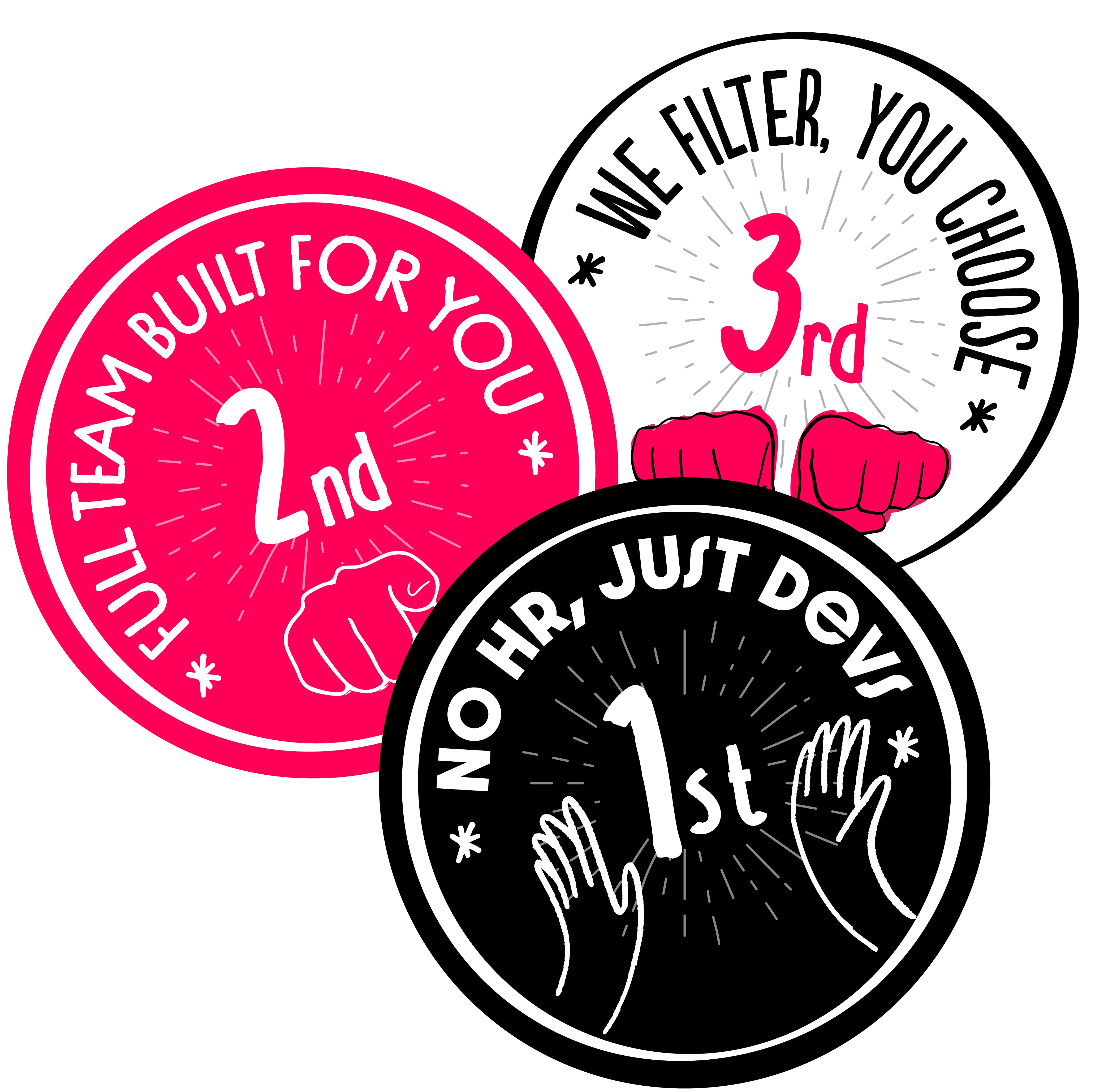 Three numbered badges reading “No HR, Just Devs” (1st), “Full Team Built for You” (2nd), and “We Filter, You Choose” (3rd).
