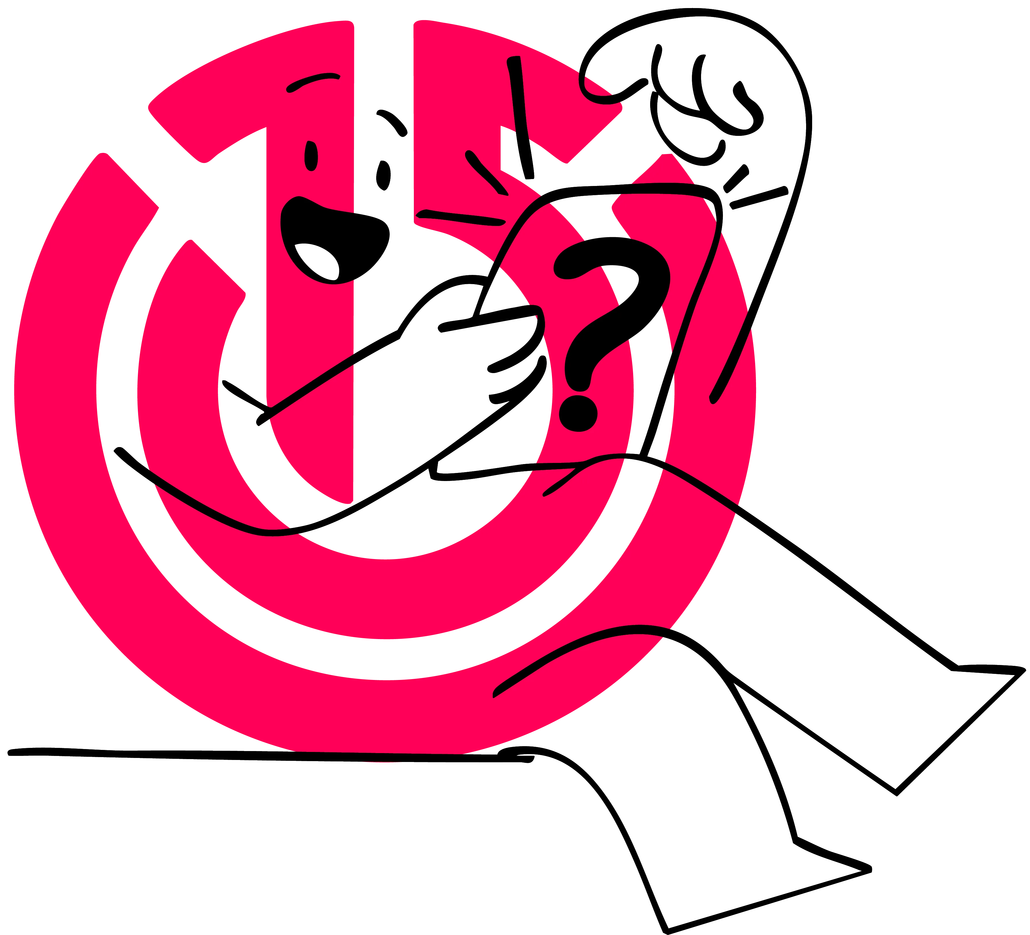 Illustrated Atölye15 power icon logo holding a phone with a question mark, in a playful seated pose.