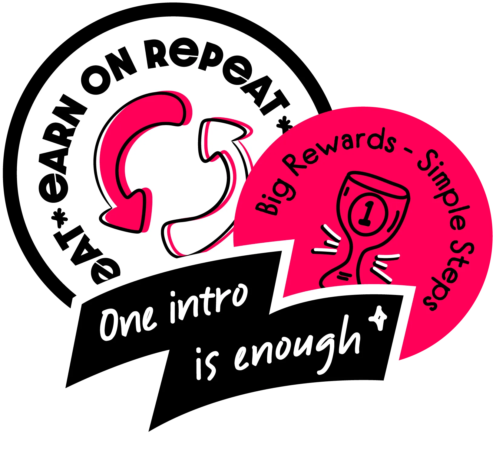 Illustrated sticker with circular arrows and text “Earn on Repeat,” “Big Rewards – Simple Steps,” and banner reading “One intro is enough.”