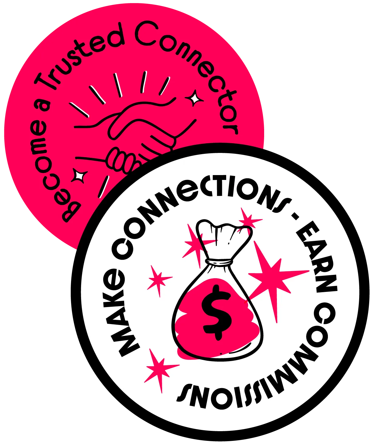 Badges showing trusted connections and earning commissions.