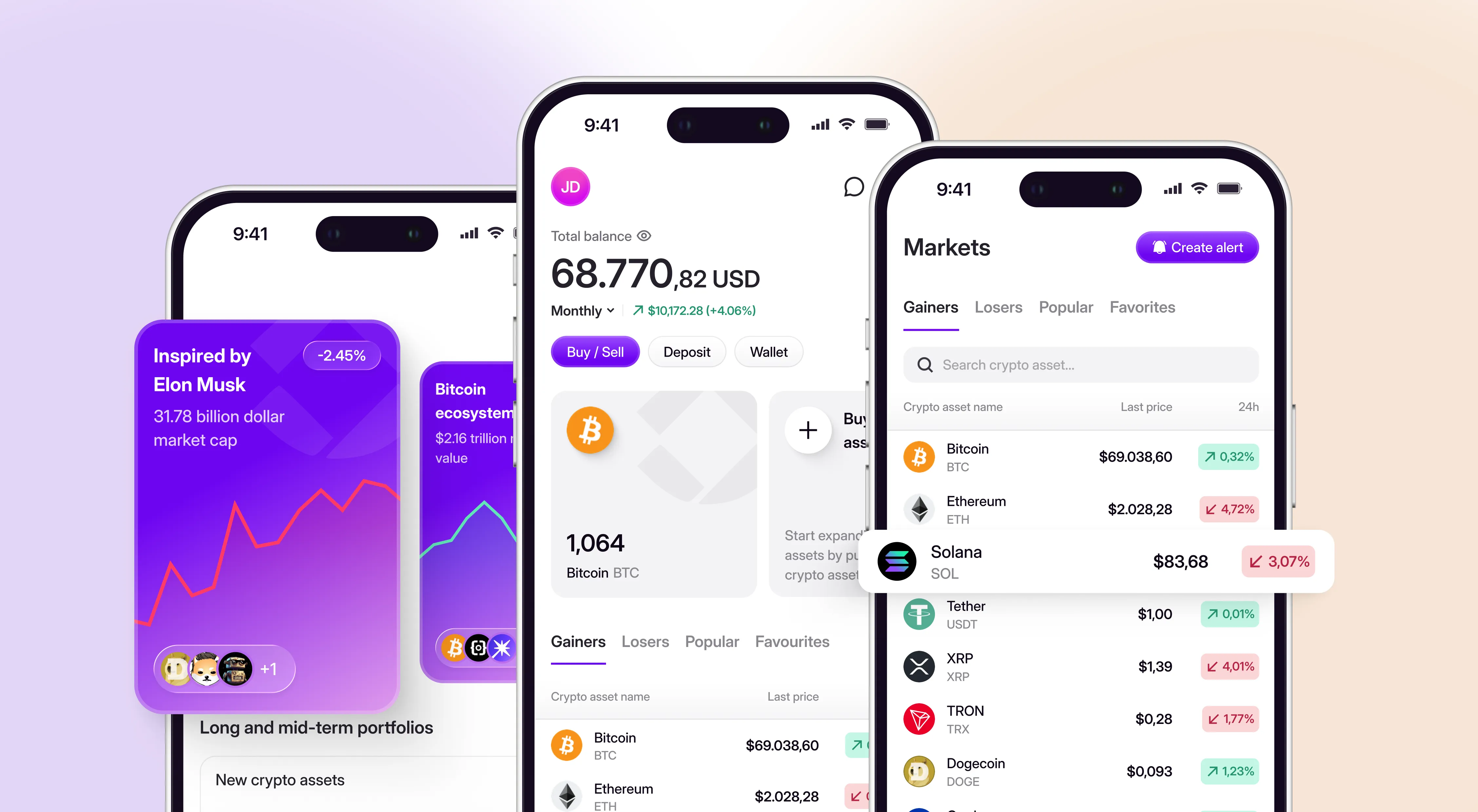Kuantist crypto mobile app screens showing portfolio balance, market list, and modular design system interface.